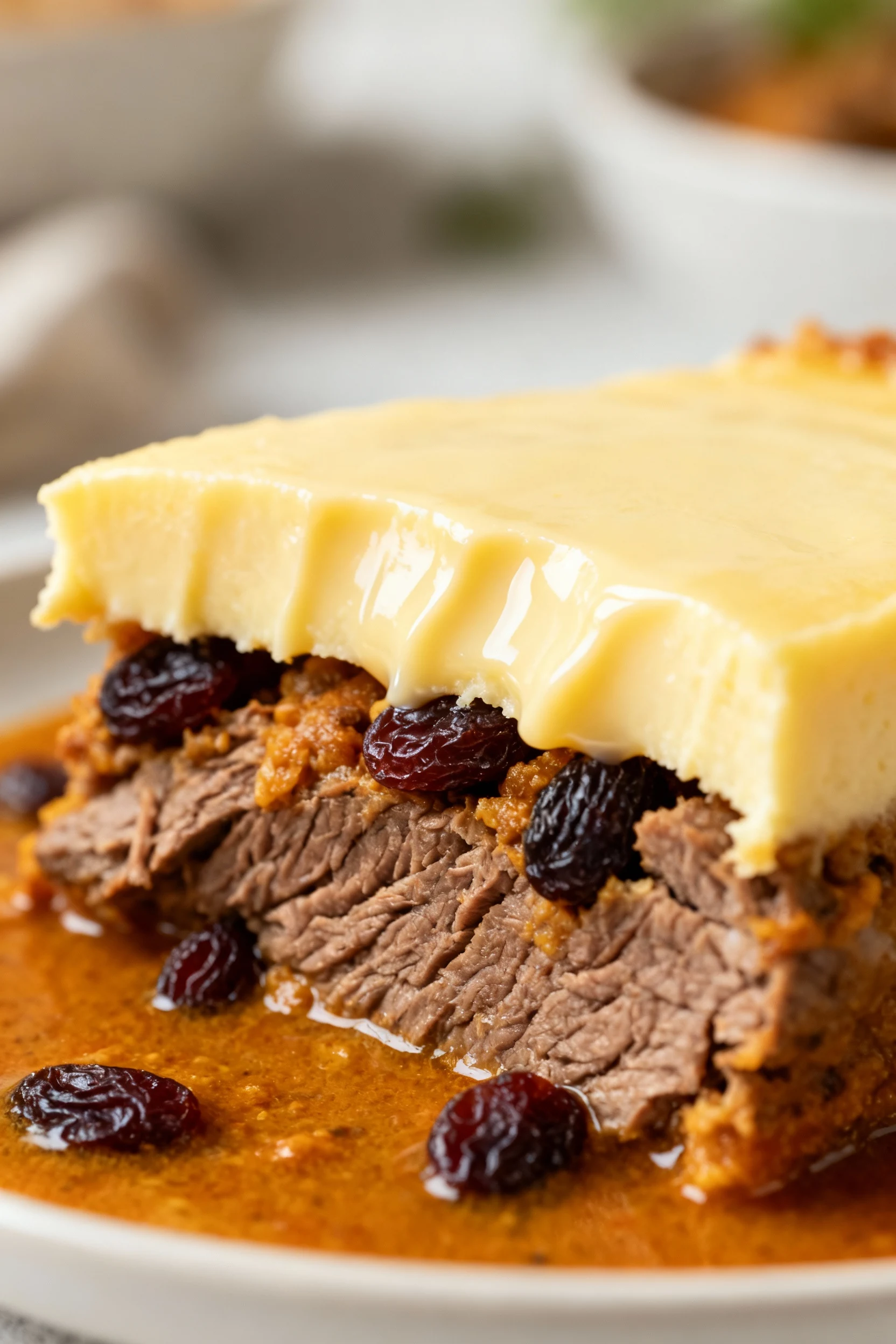 3. Close-up detail: Macro of a freshly cut slice—silky custard top with subtle jiggle, tender beef dotted with raisins b