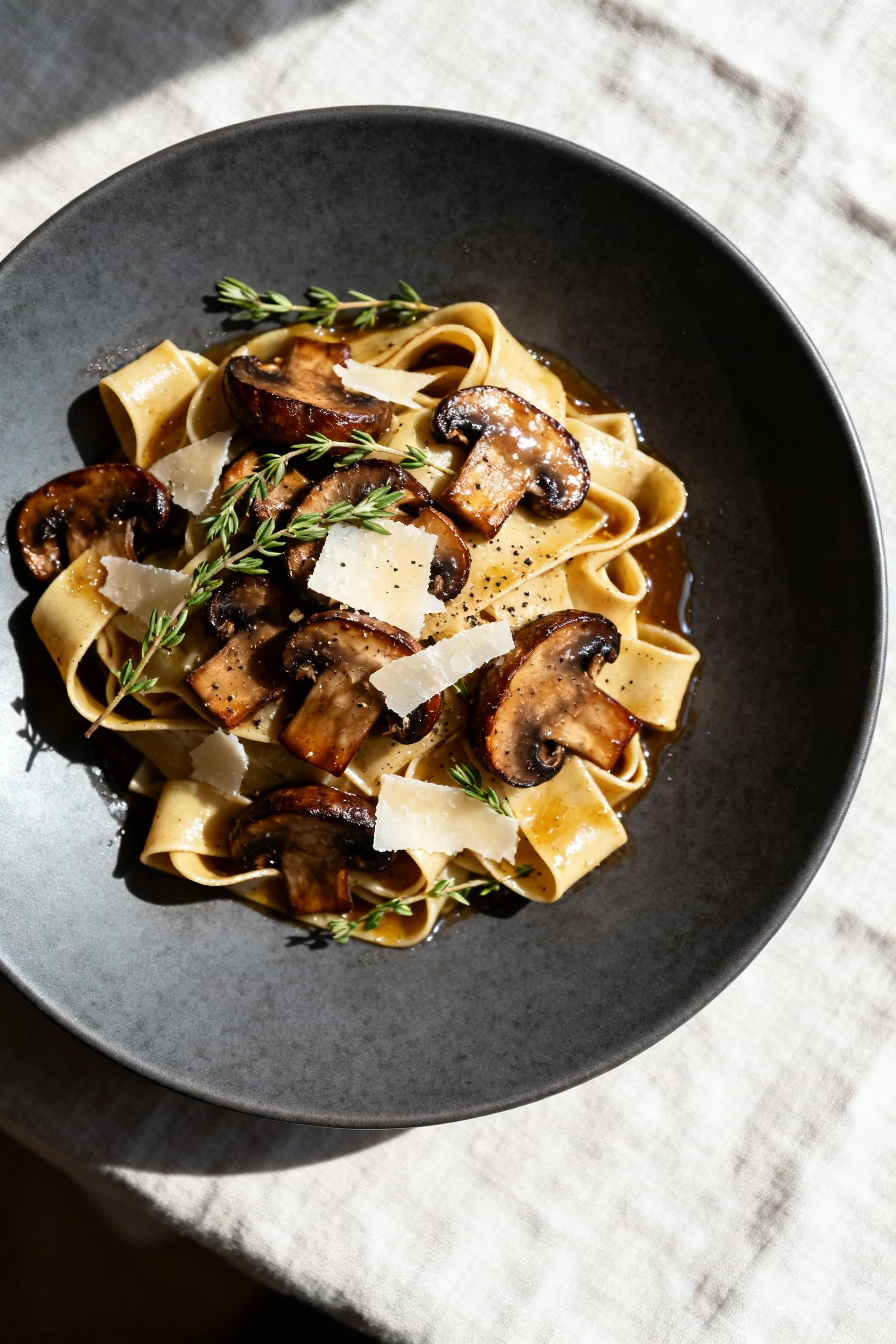 3. Overhead shot of Mushroom-Thyme Brown Butter pappardelle: deeply browned cremini slices, nutty brown-butter gloss, fr