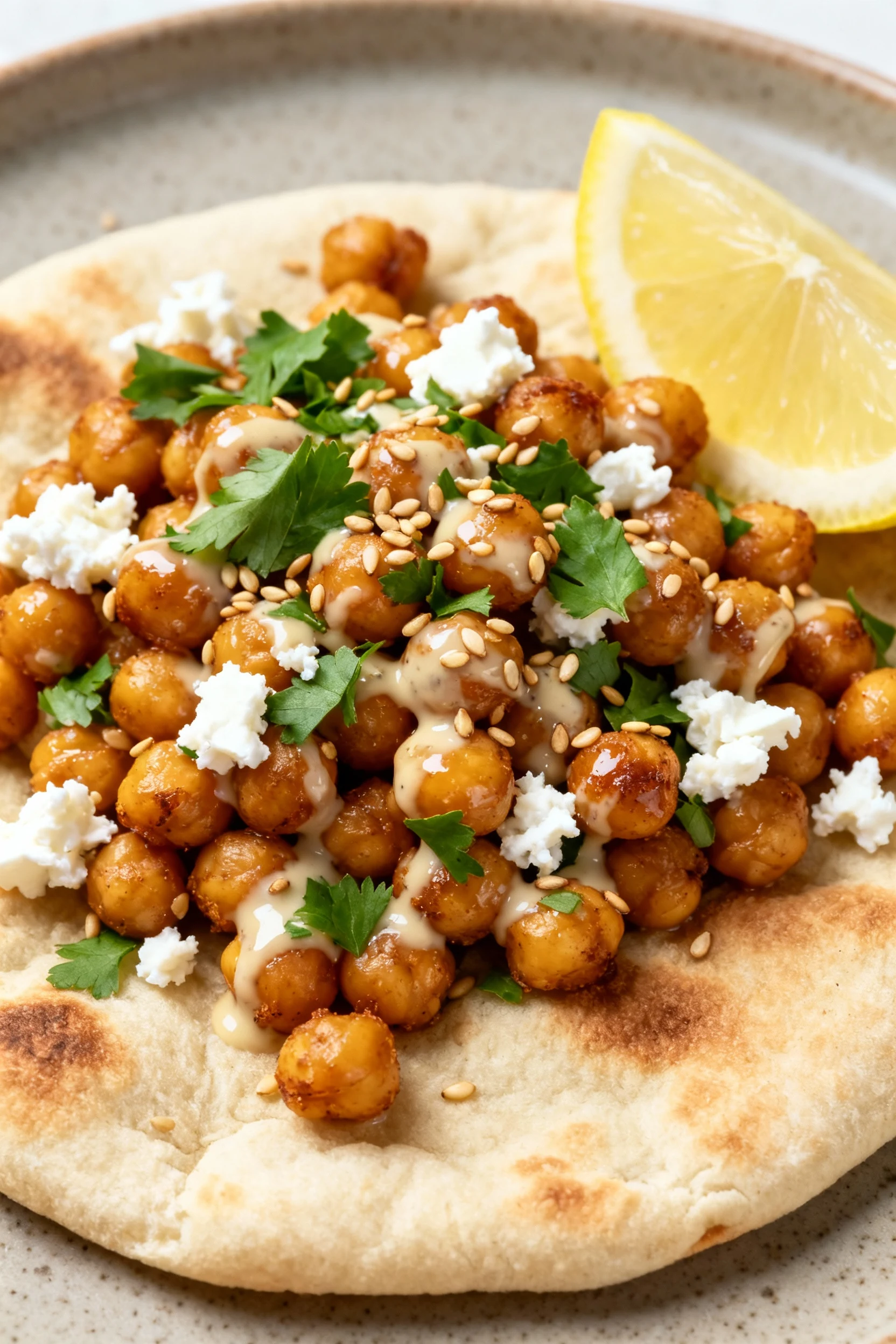 Beautiful final plate: crispy lemon–tahini chickpeas piled on warm pita, finished with chopped parsley, crumbled feta, a