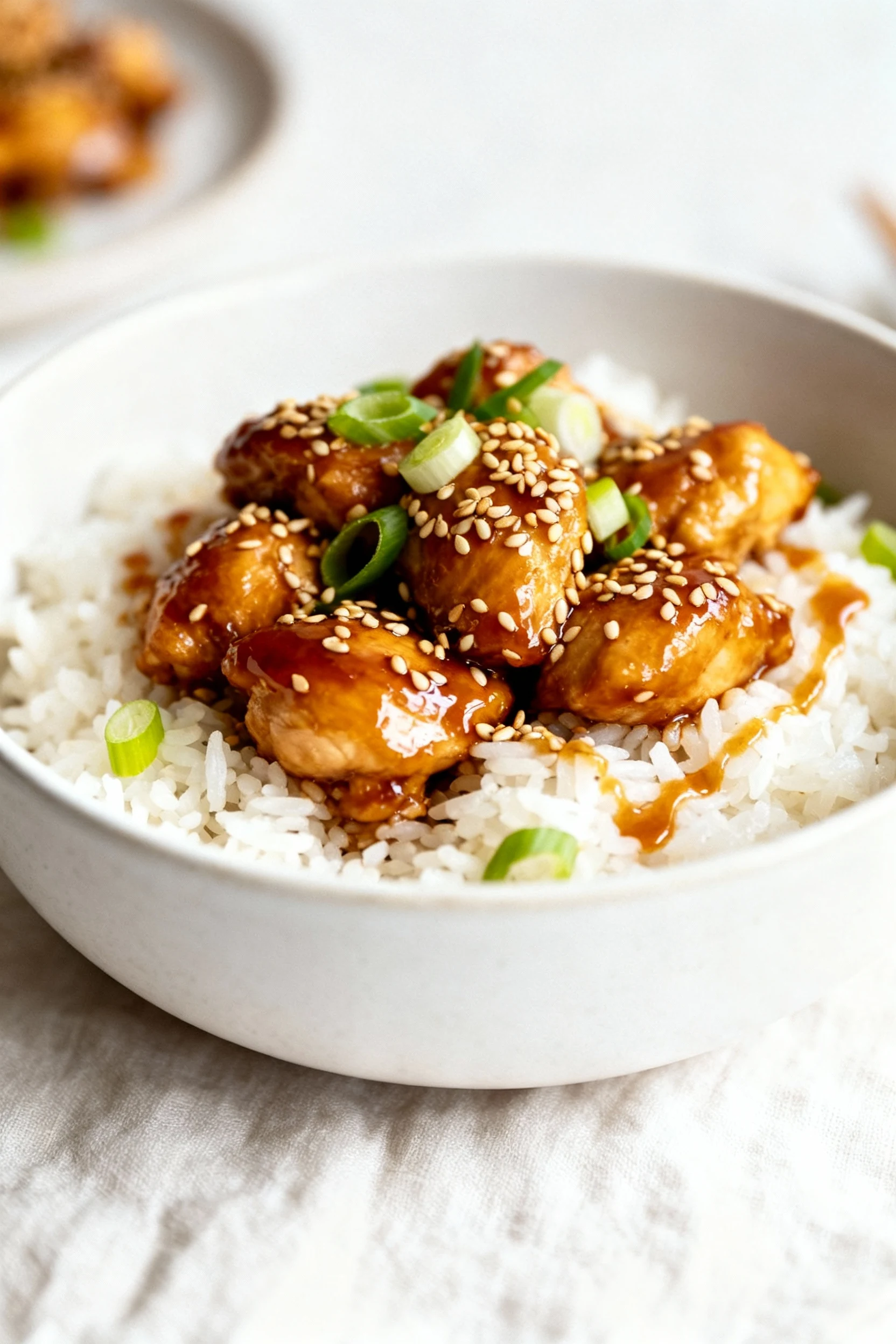 Beautifully plated Honey Garlic Sesame chicken over jasmine rice, lacquered glaze, toasted sesame seeds and sliced scall