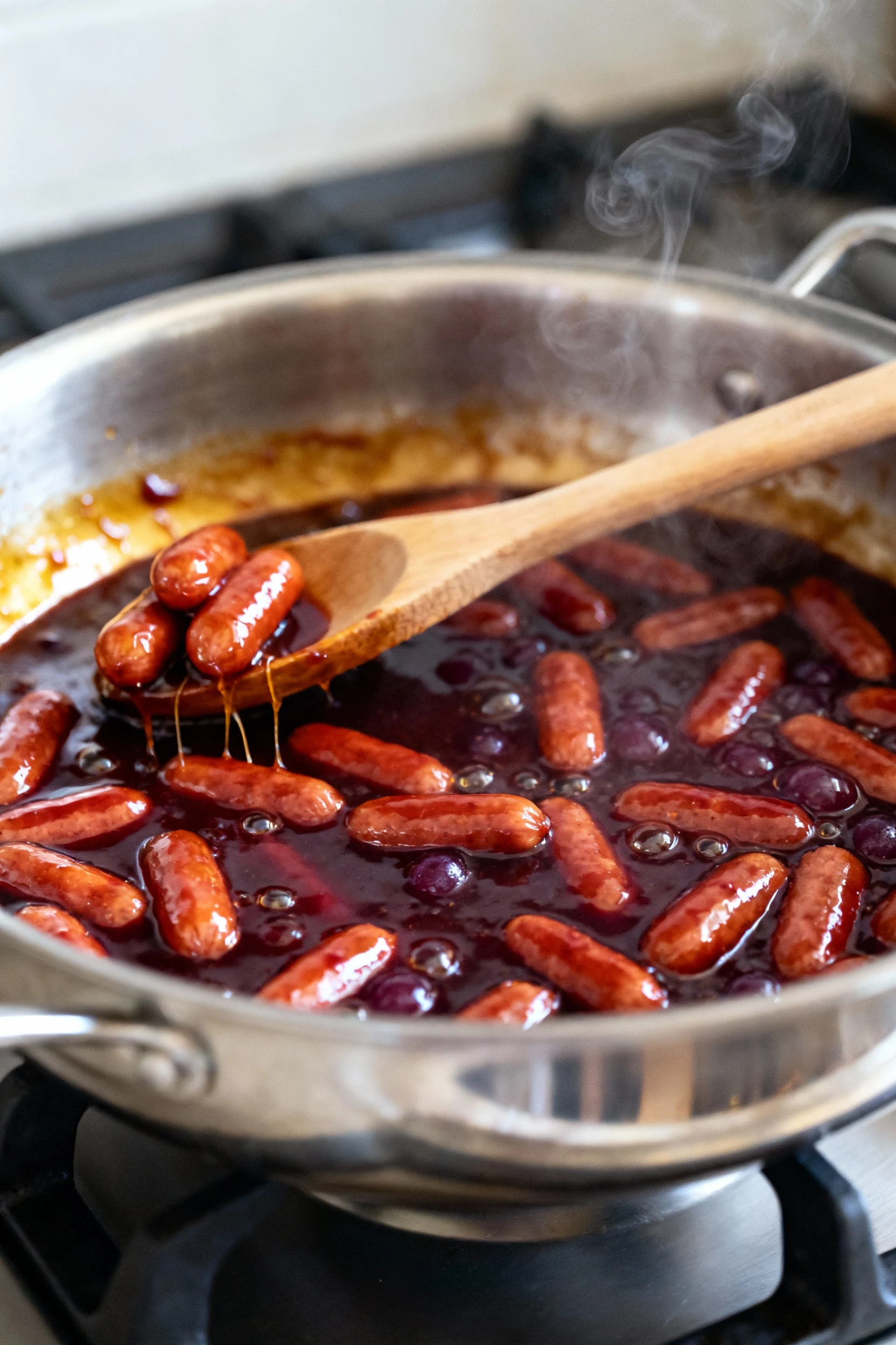 3. Cooking process: Classic Grape BBQ Little Smokies gently simmering on the stovetop, deep burgundy glaze reducing with