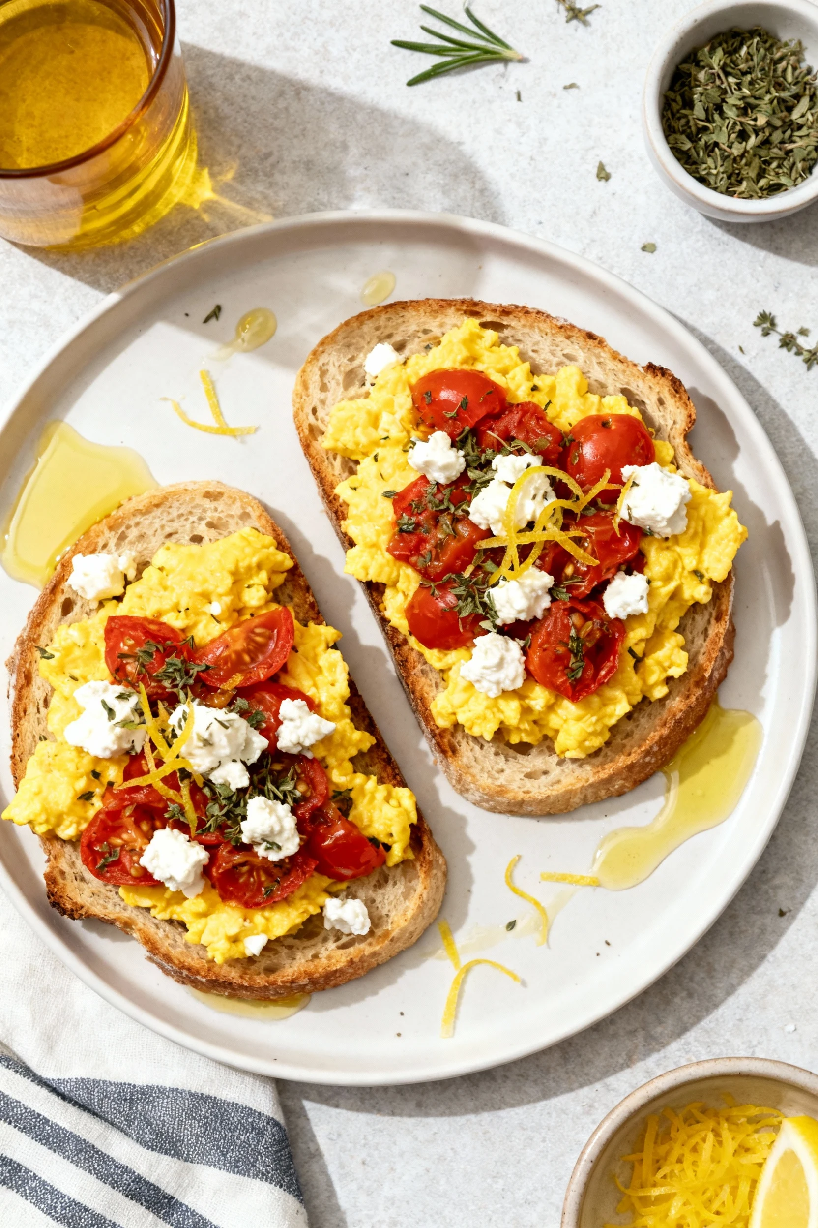 3. Overhead shot: Mediterranean scrambled eggs—feta crumbles, sautéed tomatoes, oregano, EVOO drizzle, lemon zest—served