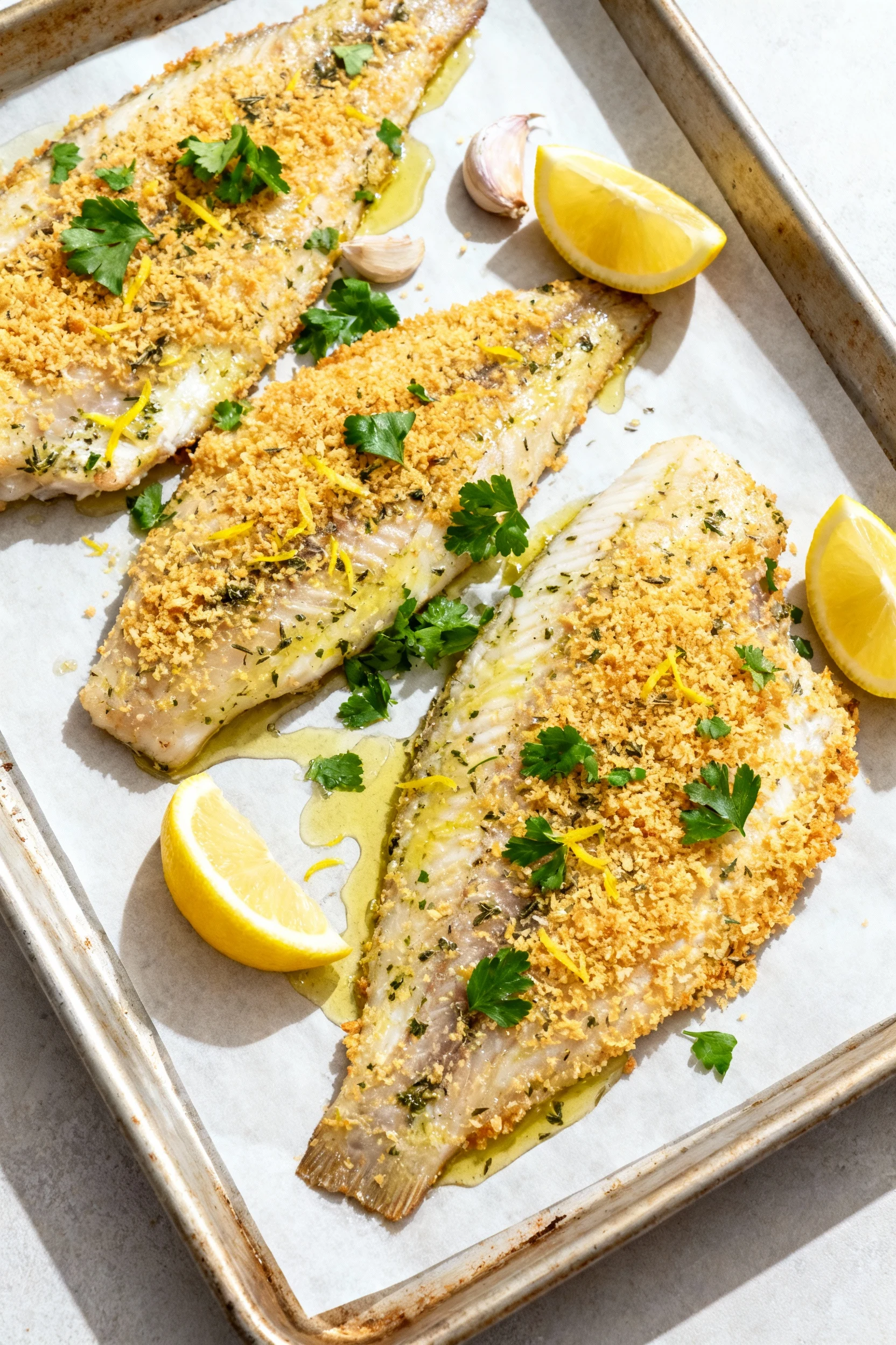 Overhead of sheet-pan lemon-garlic baked catfish: fillets brushed with olive oil, garlic, lemon zest, oregano, sprinkled