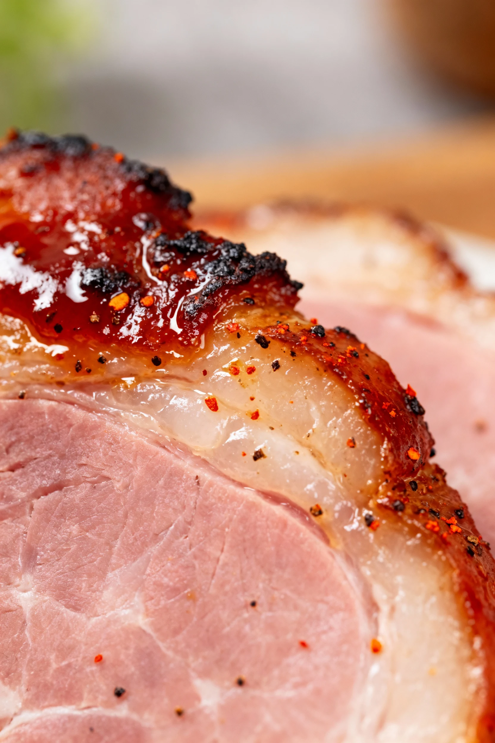 Close-up detail: tight macro of the rested ham steak surface—lacquered sweet-savory glaze clinging, lightly charred, sti