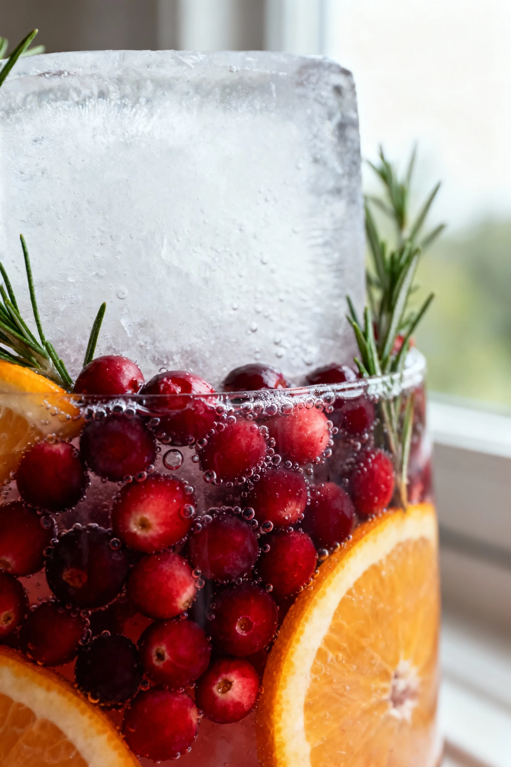 Close-up detail of cranberries and orange slice edges submerged in punch, micro-bubbles clinging to fruit and rosemary n
