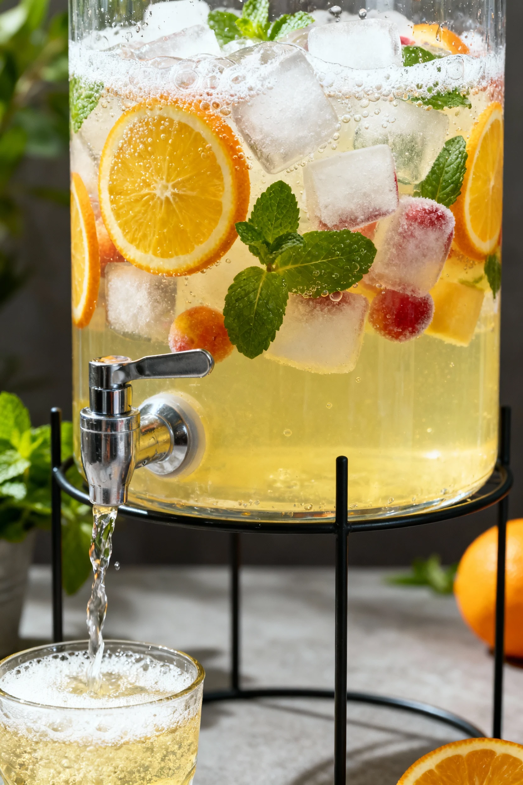 3. Cooking process shot: ginger ale gently pouring into the prepared punch in a clear dispenser, captured mid-stream wit