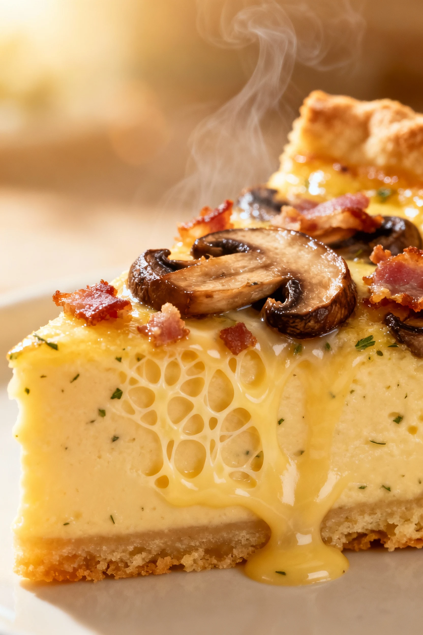 Macro close-up of a warm quiche slice showing a silky custard with melted cheese webbing, deeply browned mushroom slices