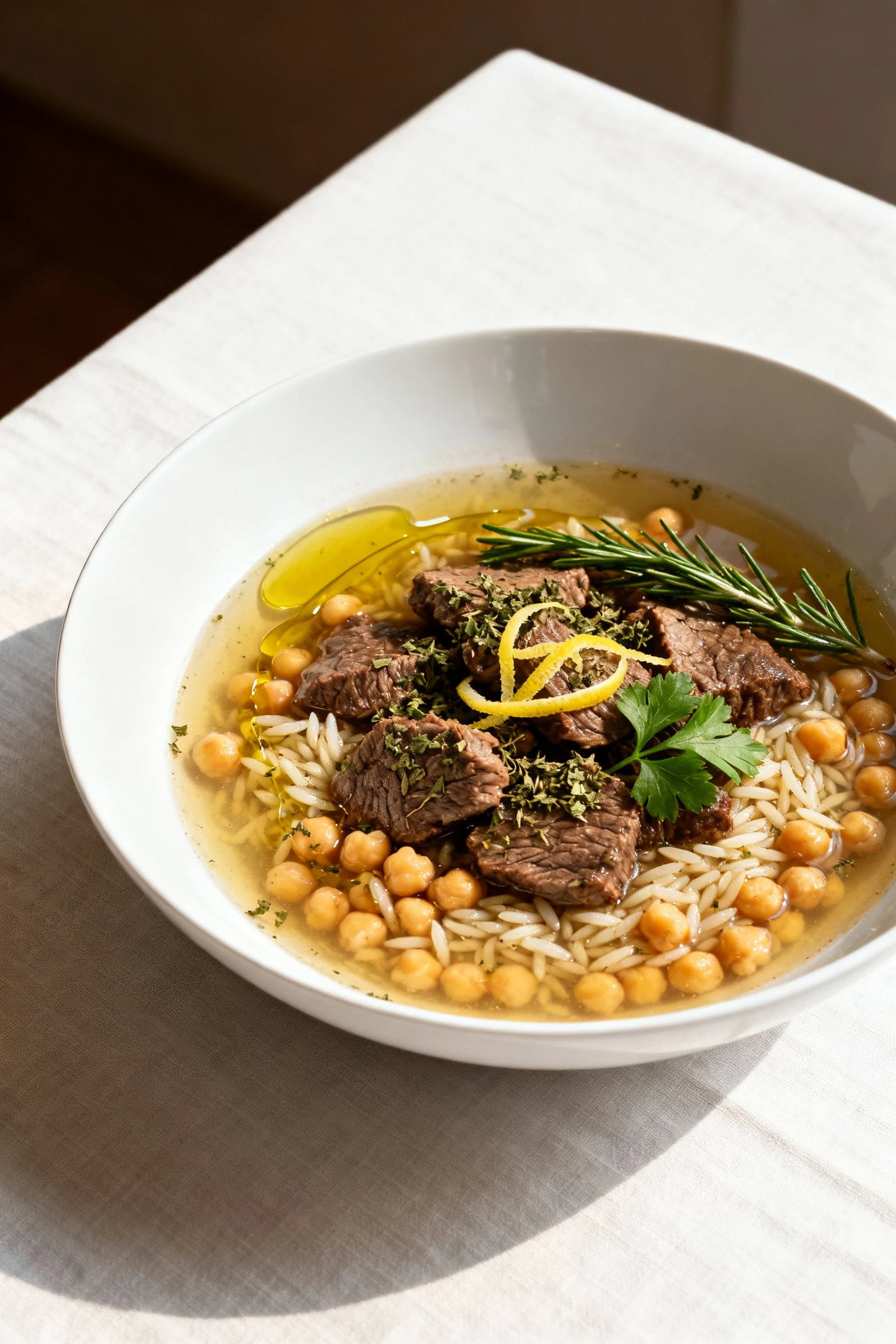 45-degree plated Mediterranean variation: beef, chickpeas, and orzo in a clear lemony beef broth with oregano and rosema