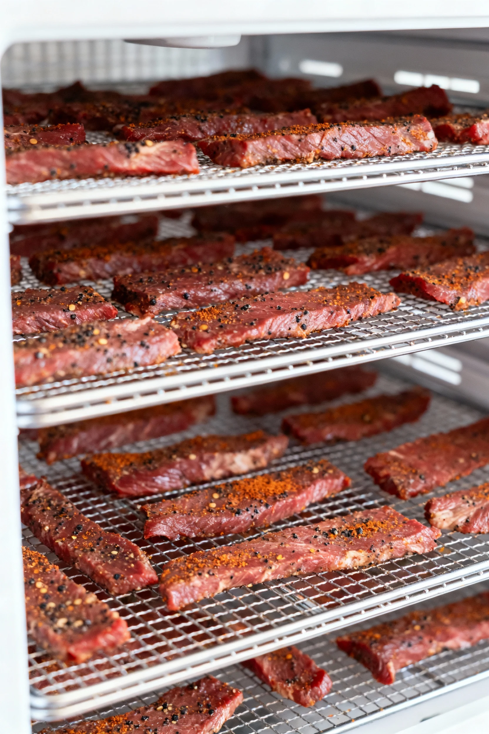 Cooking process—jerky: evenly spaced 1/4-inch marinated beef strips on dehydrator mesh trays after the 160°F safety step