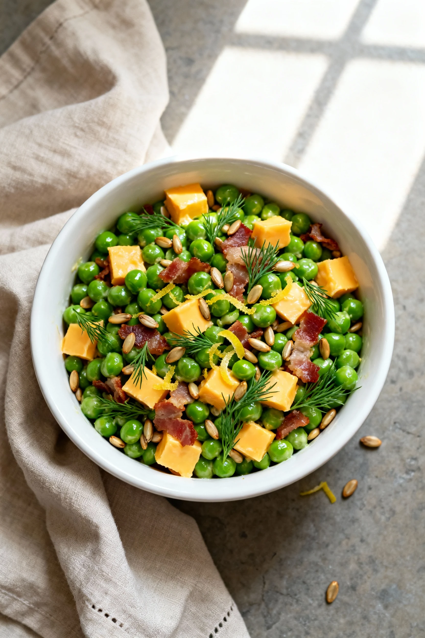 Overhead final presentation of classic deli pea salad served cold in a white ceramic bowl—vivid green peas with cheddar 
