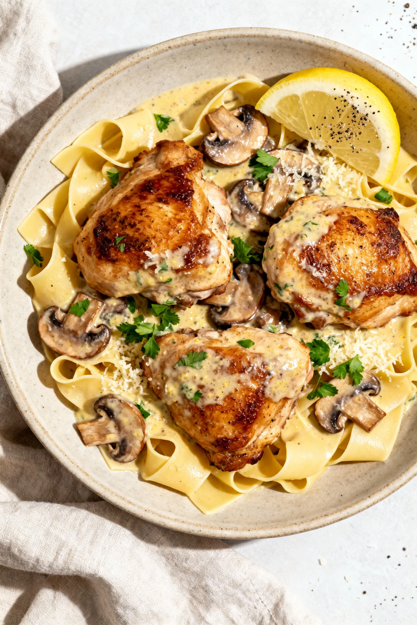Overhead final plate: seared chicken thighs and sautéed mushrooms over buttered pappardelle, blanketed in creamy Dijon‑P