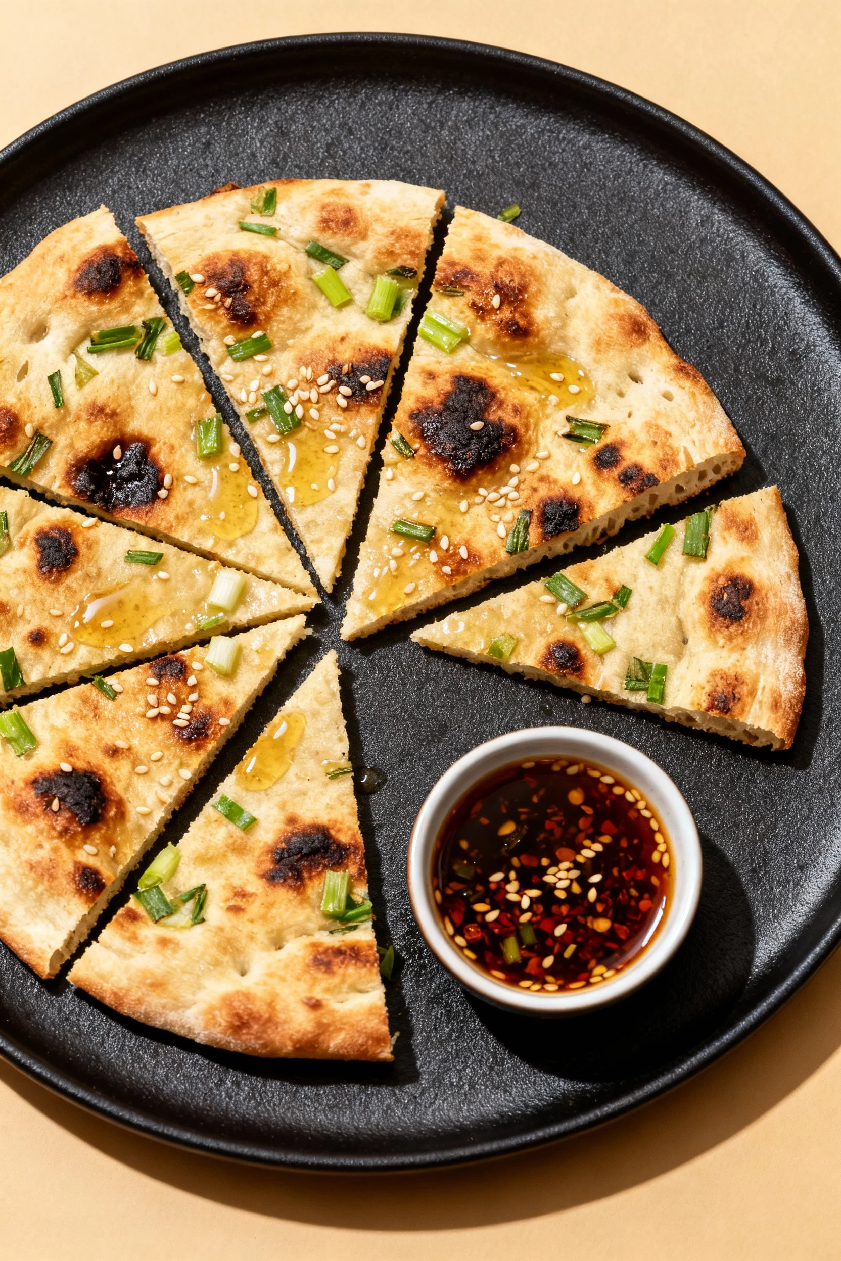 Tasty top view: scallion pancake-style sourdough flatbread sliced into wedges on a matte black plate, visible charred bl