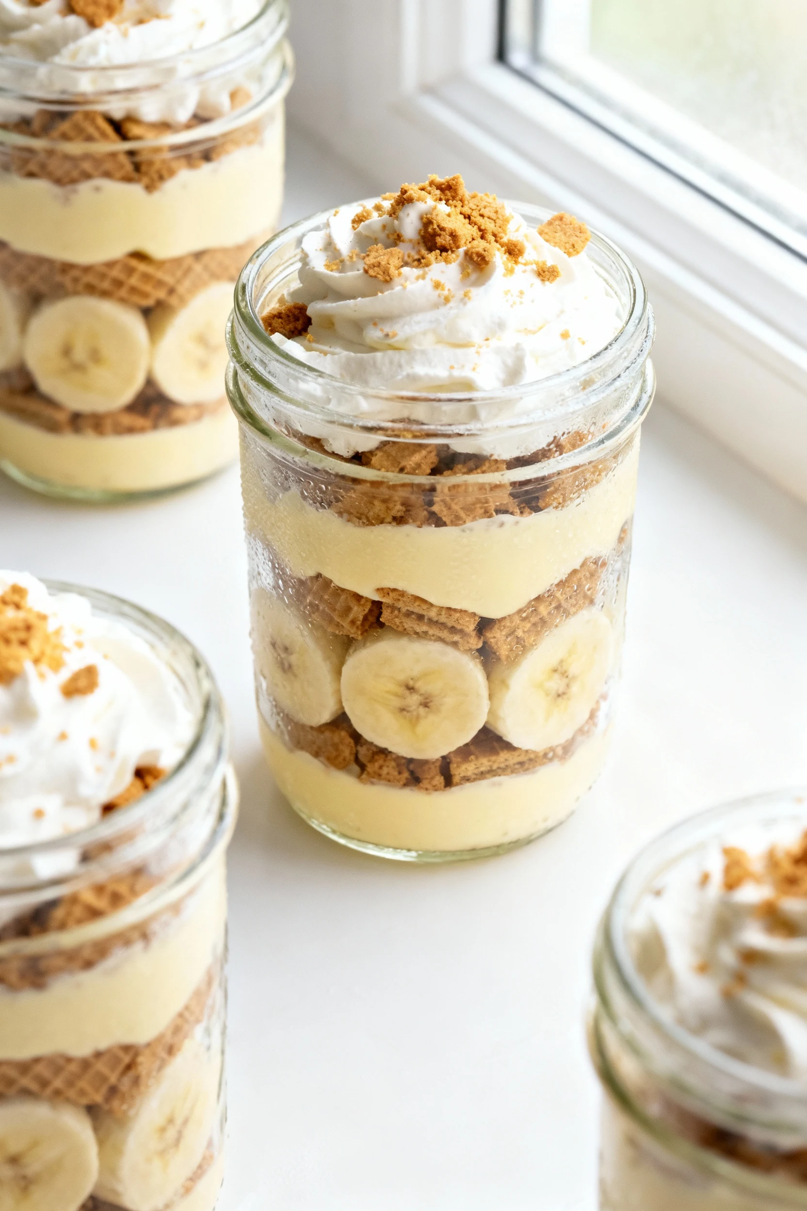 Overhead shot of no-bake banana pudding jars: clear glass jars showing distinct layers of crushed vanilla wafers, silky 