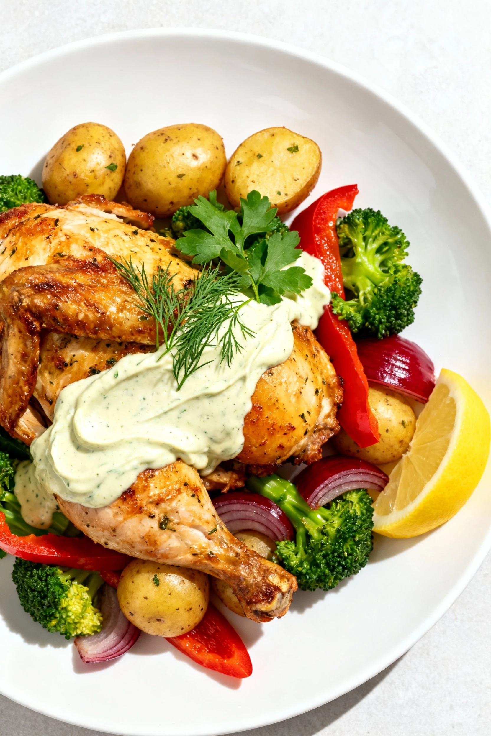 Beautifully plated final dish: lemon-herb roasted chicken with baby potatoes, broccoli, red pepper, and red onion on a m