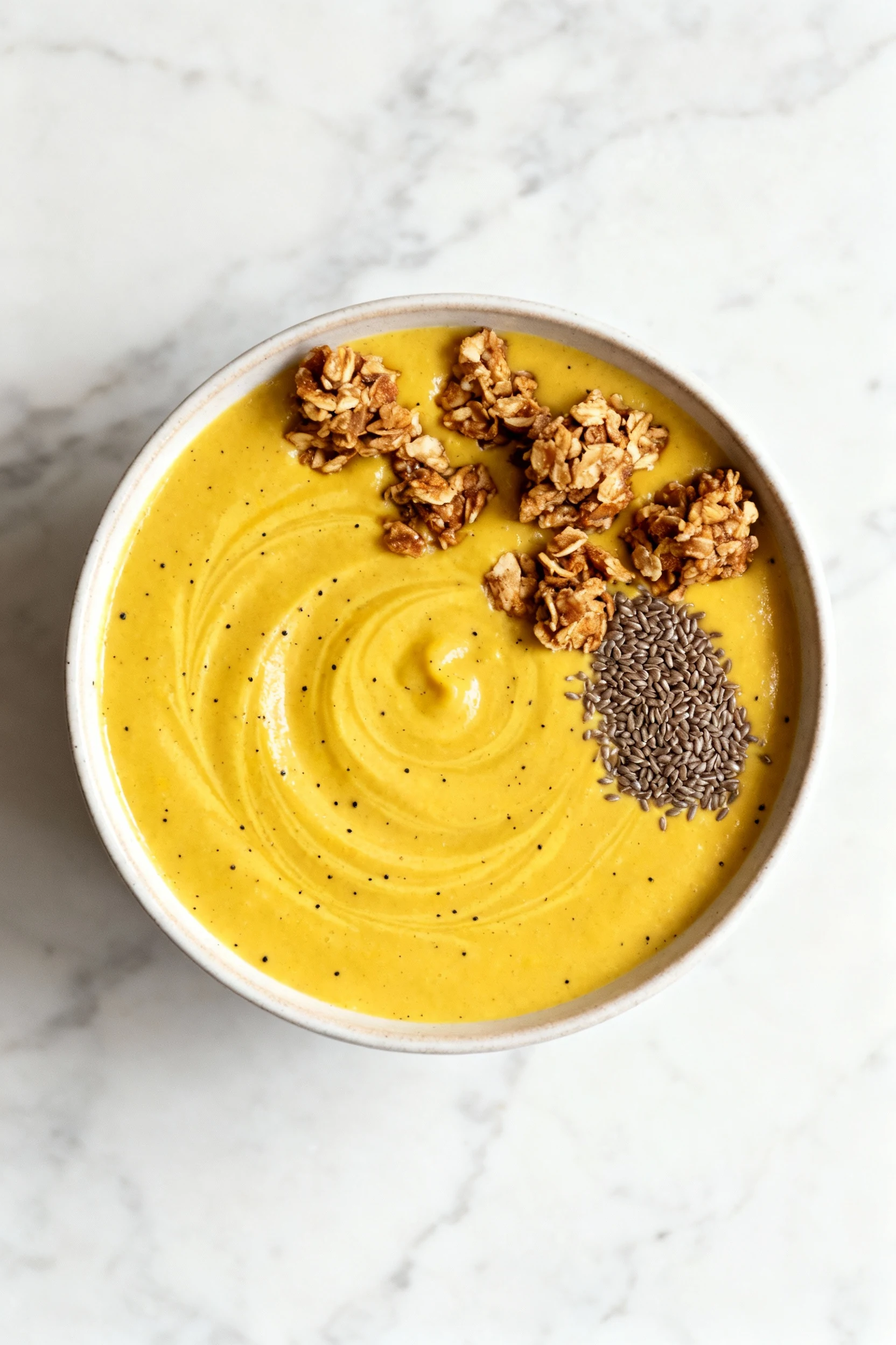 Tasty top view: Tropical Immunity Boost blended thick and served as a smoothie bowl—golden-yellow surface with subtle tu