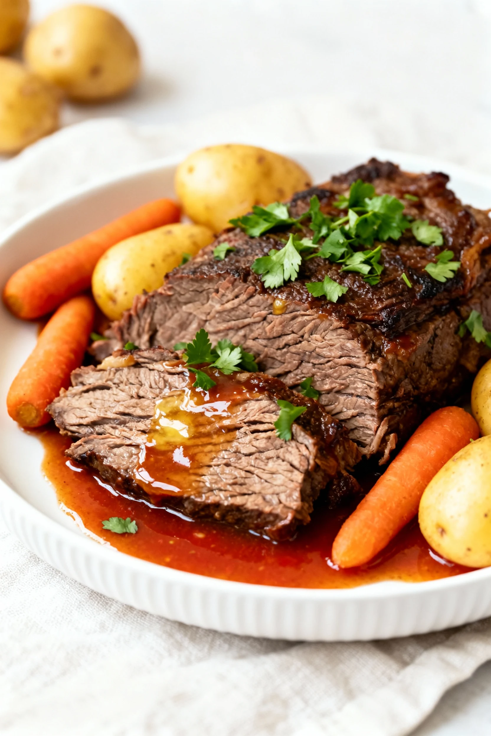 Beautifully plated pot roast: thick slices of tender beef with carrots and Yukon Gold potatoes, ladled Worcestershire–to