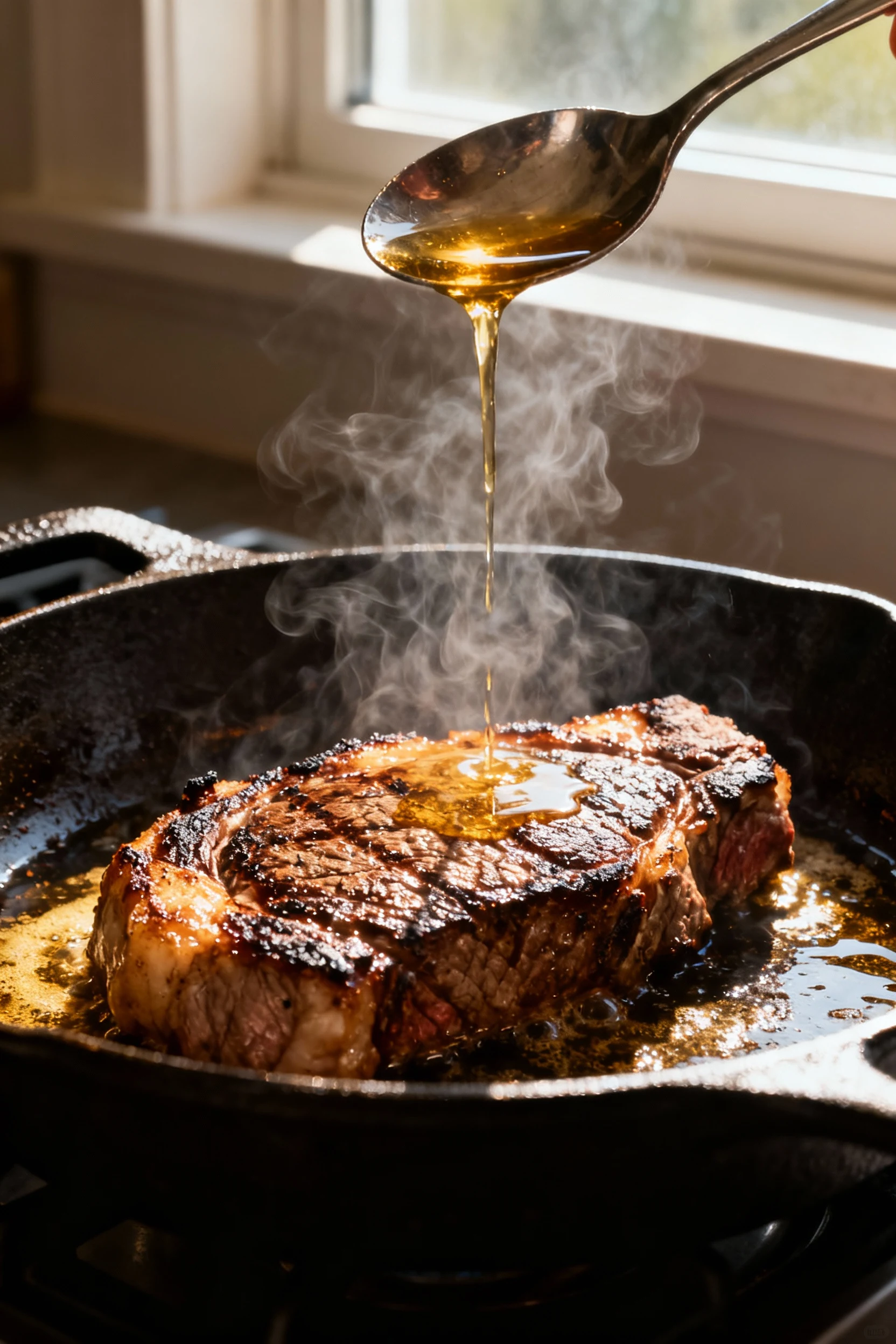 Cooking process: ribeye sizzling in a ripping-hot cast-iron skillet with beef tallow, hard crust forming and wisps of sm