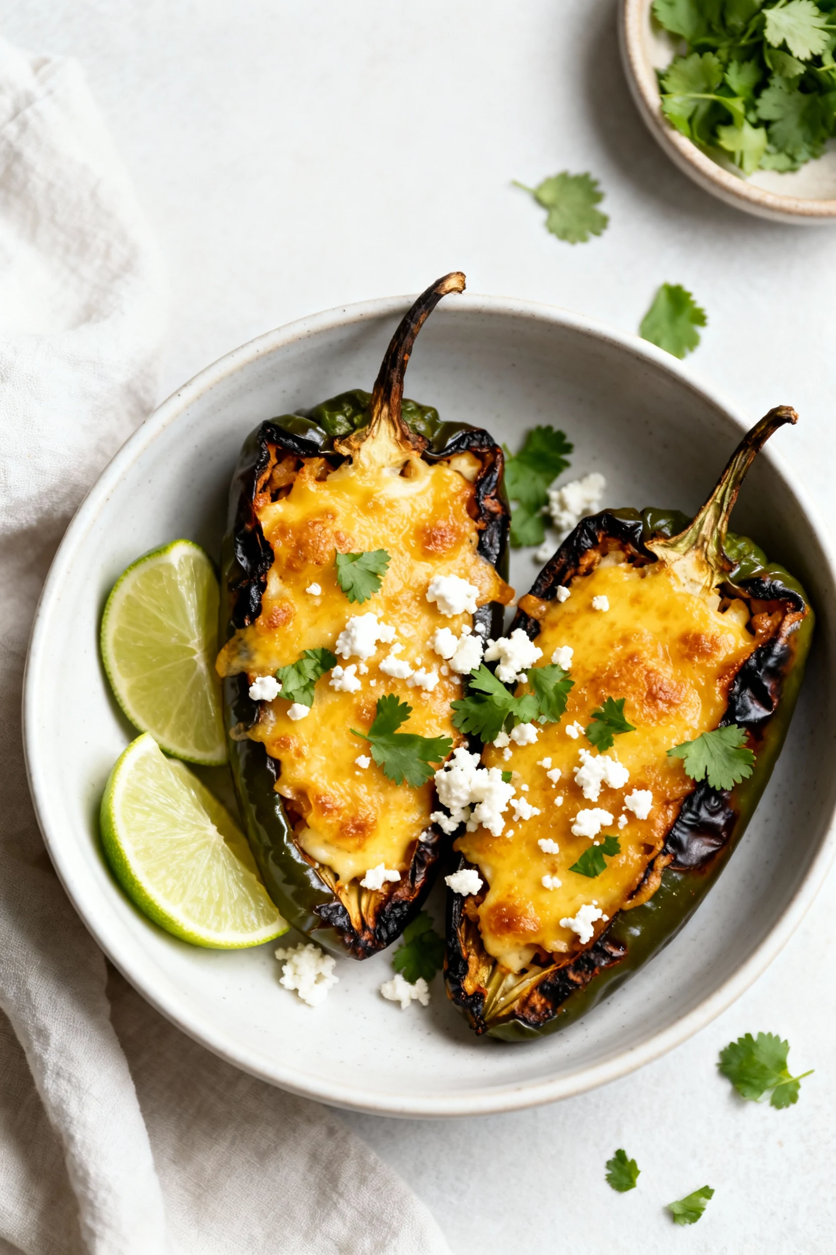 Tasty top view of baked stuffed poblanos just out of the oven with golden, bubbly Oaxaca/Monterey Jack, lightly charred 