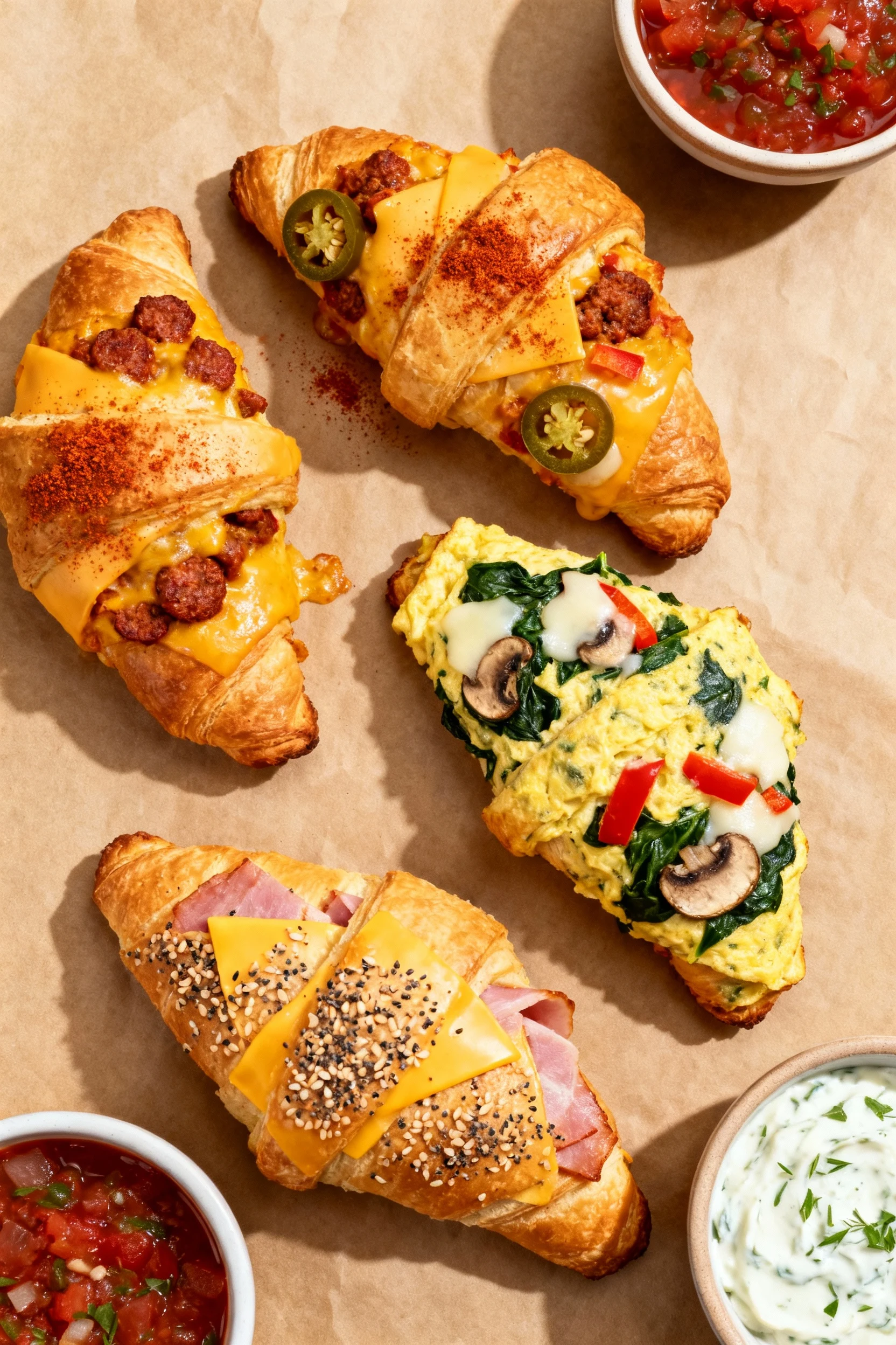 Top-down shot of a mixed batch on parchment: Tex-Mex crescents (chorizo, pepper jack, jalapeño, sprinkle of smoked papri