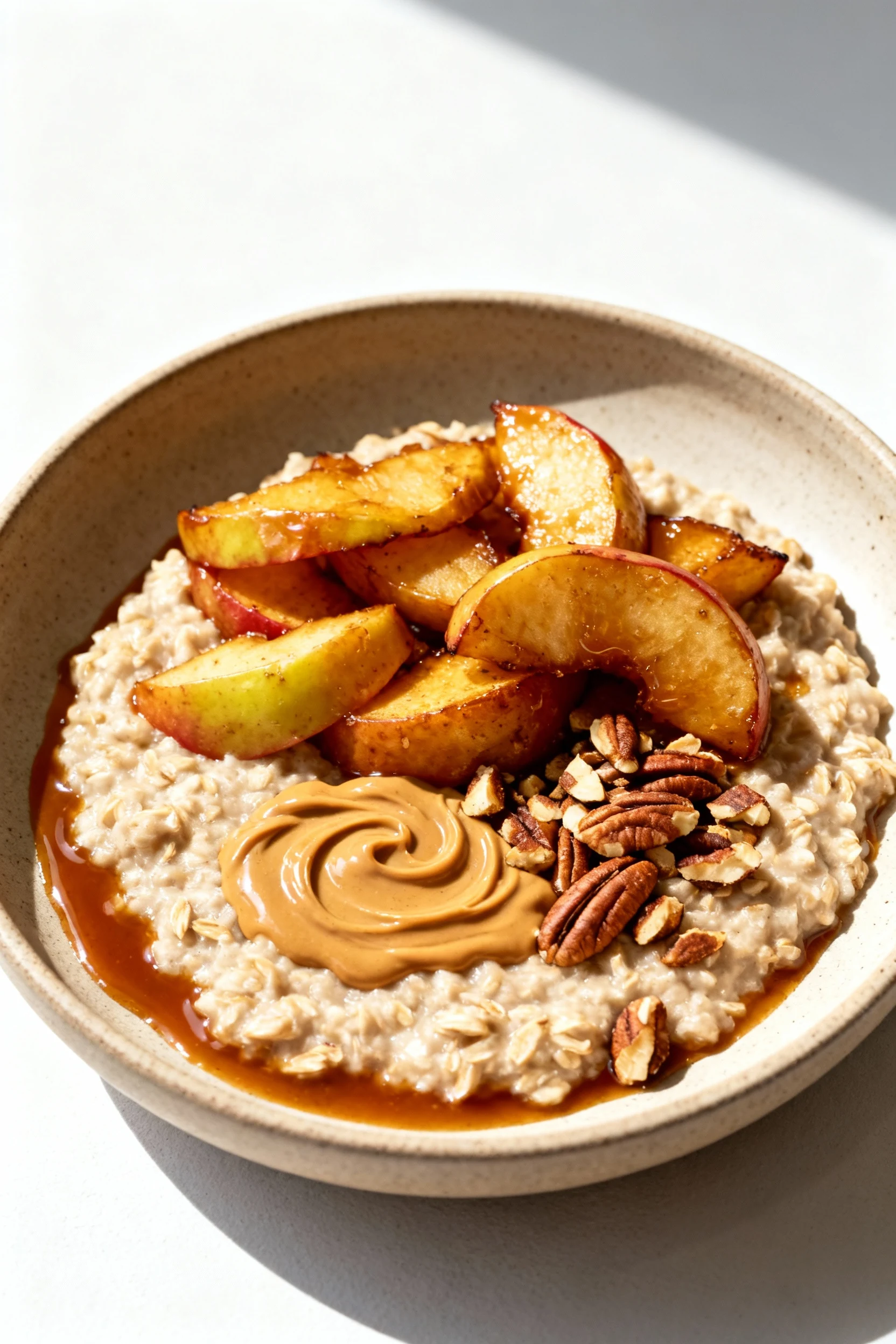 Overhead shot of a cozy breakfast bowl: creamy oatmeal topped with warm skillet apples, glossy cinnamon-brown sauce pool
