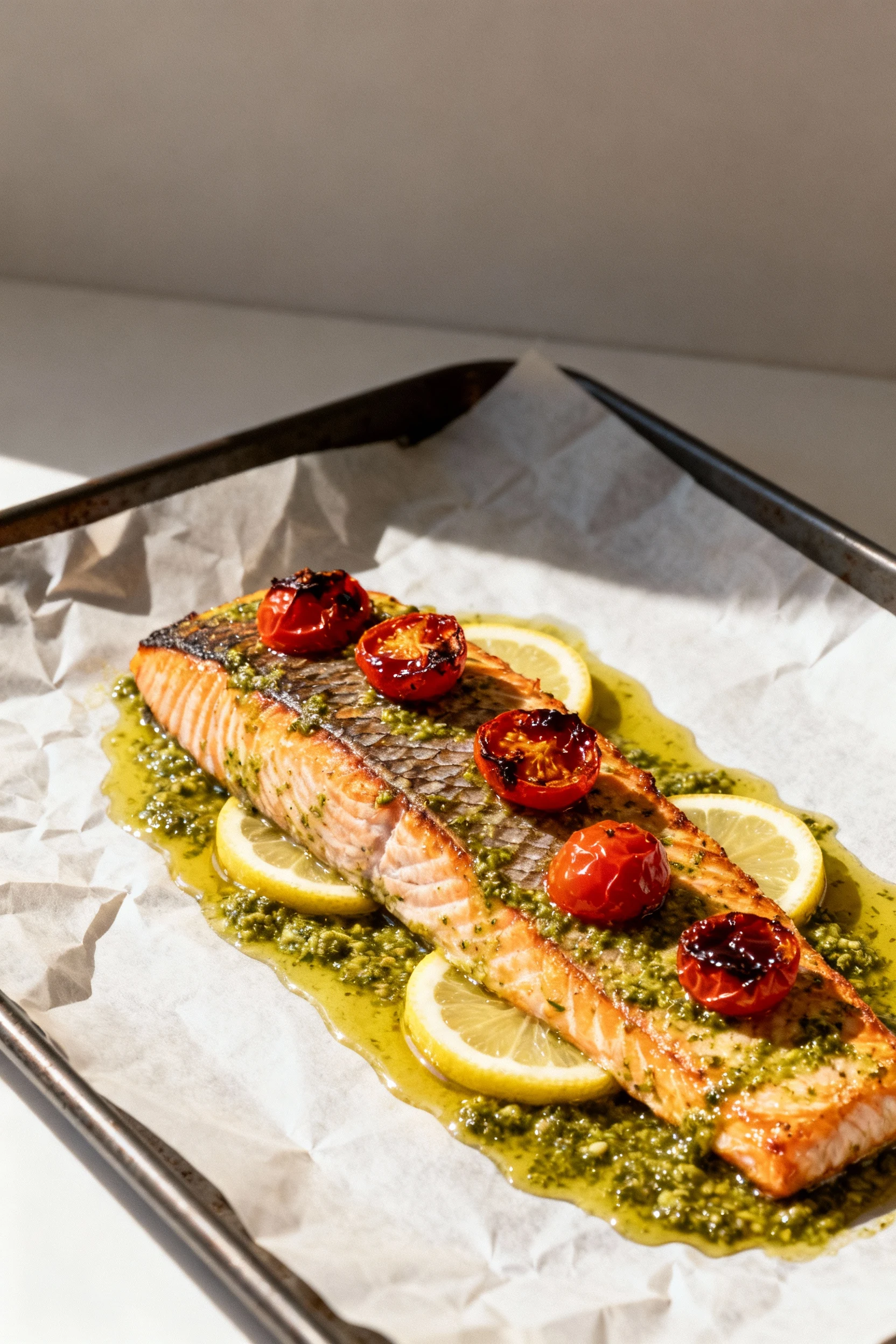 Cooking process shot of Pesto Baked Salmon: pesto melting beneath lemon slices as cherry tomatoes blister and release ja