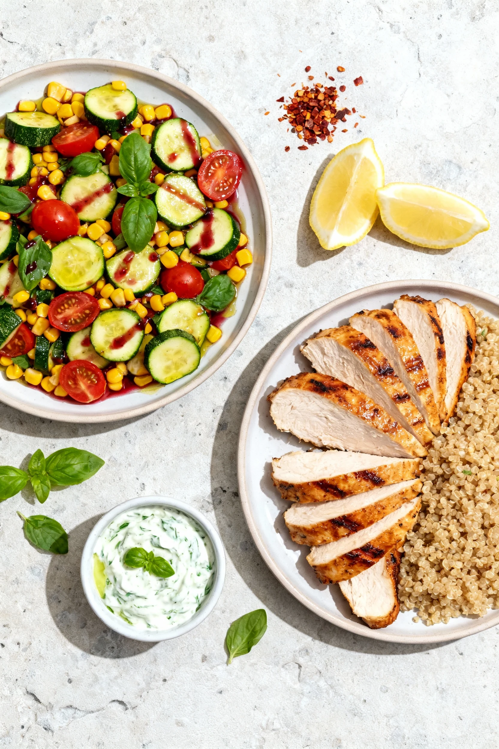 Tasty top view: Overhead spread of prepared components—fanned grilled chicken slices, glistening zucchini–corn–tomato–ba