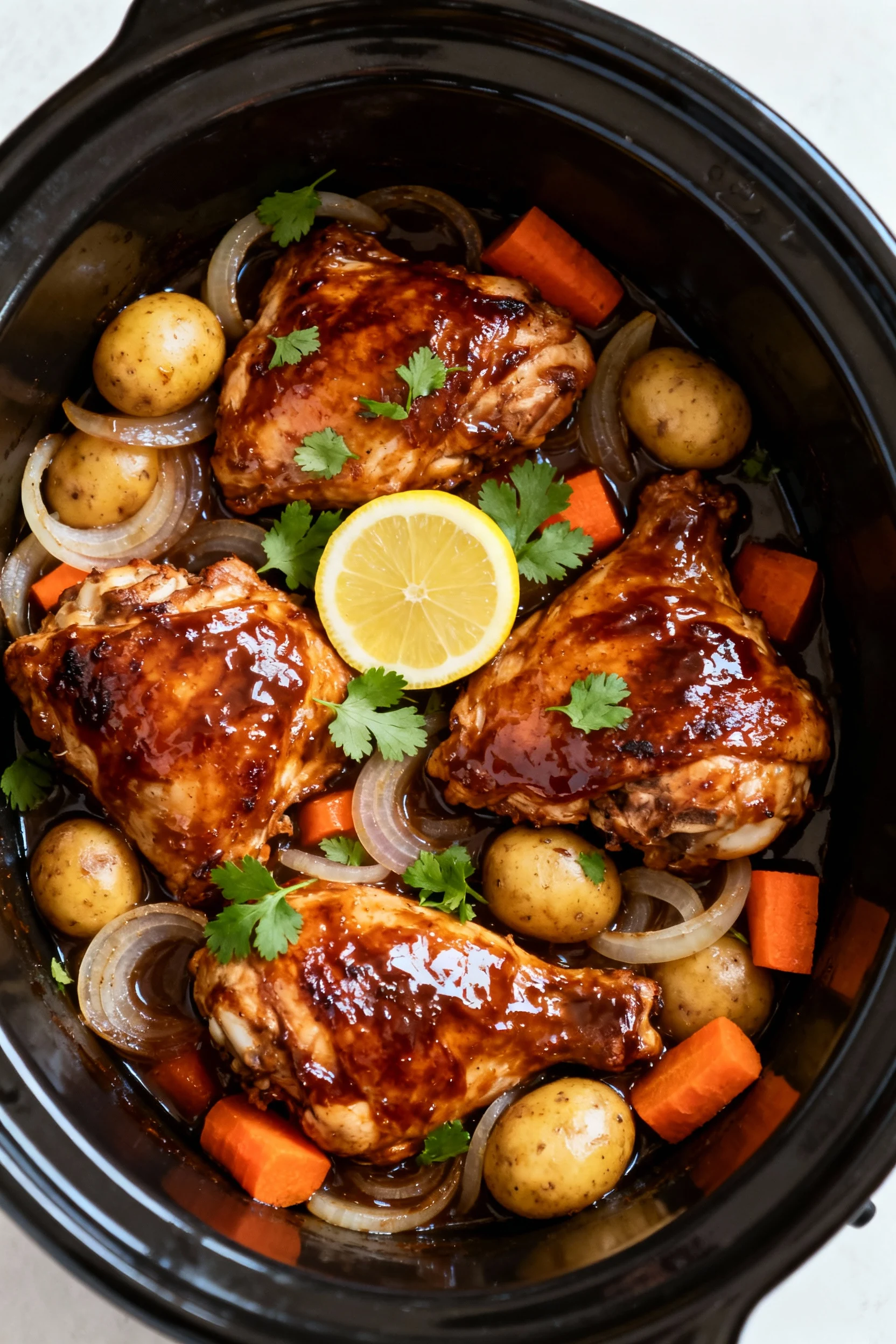 Tasty top view: overhead shot of fully cooked chicken thighs nestled over softened onions with baby potatoes and carrot 