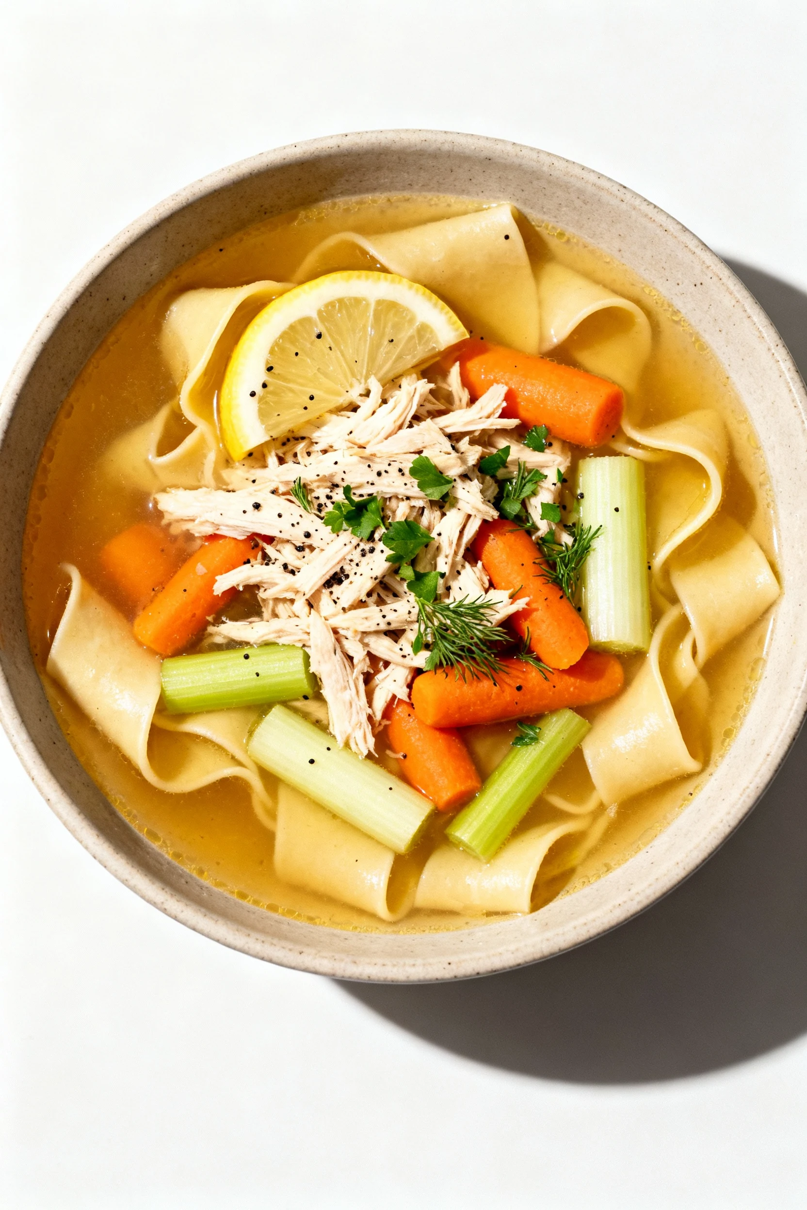 Overhead shot: final bowl with a nest of wide egg noodles topped with rich chicken soup—shredded chicken, vibrant carrot