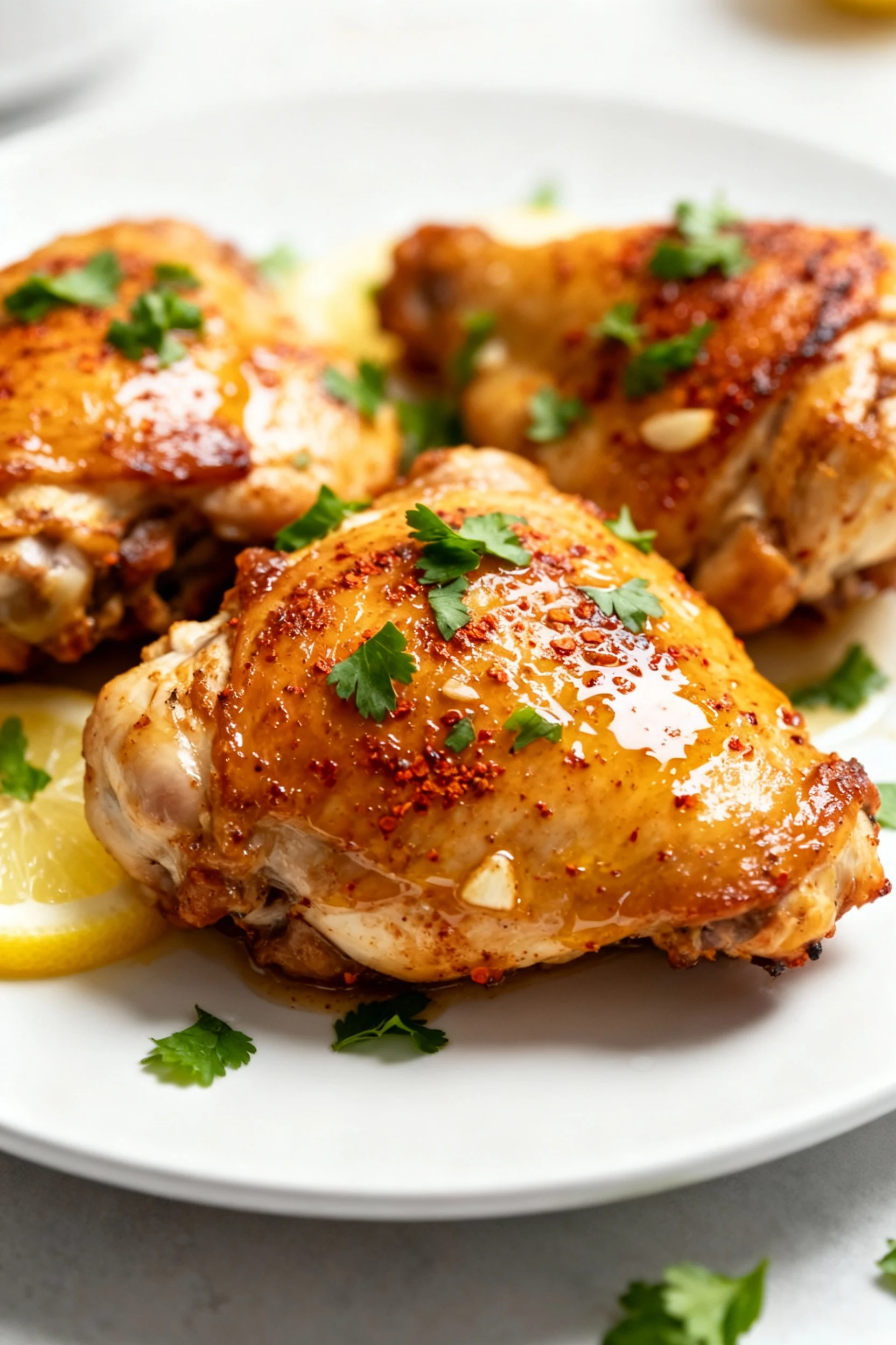 Close-up of crispy golden-brown Ninja Foodi chicken thighs glistening with lemon juice, sprinkled with fresh parsley, sh