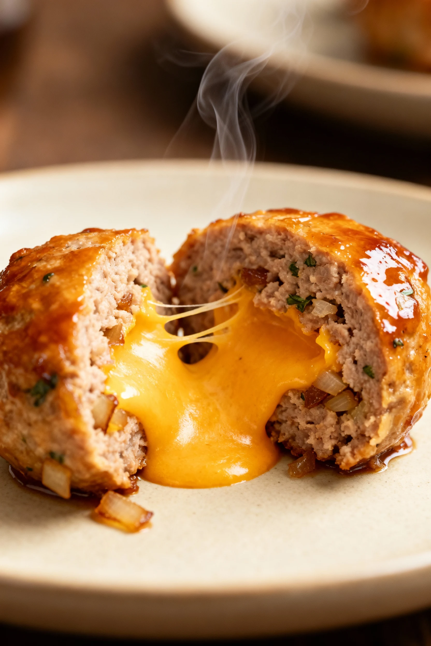 Macro close-up of a cheddar-stuffed mini meatloaf split open to reveal a molten sharp cheddar center, juicy tender crumb