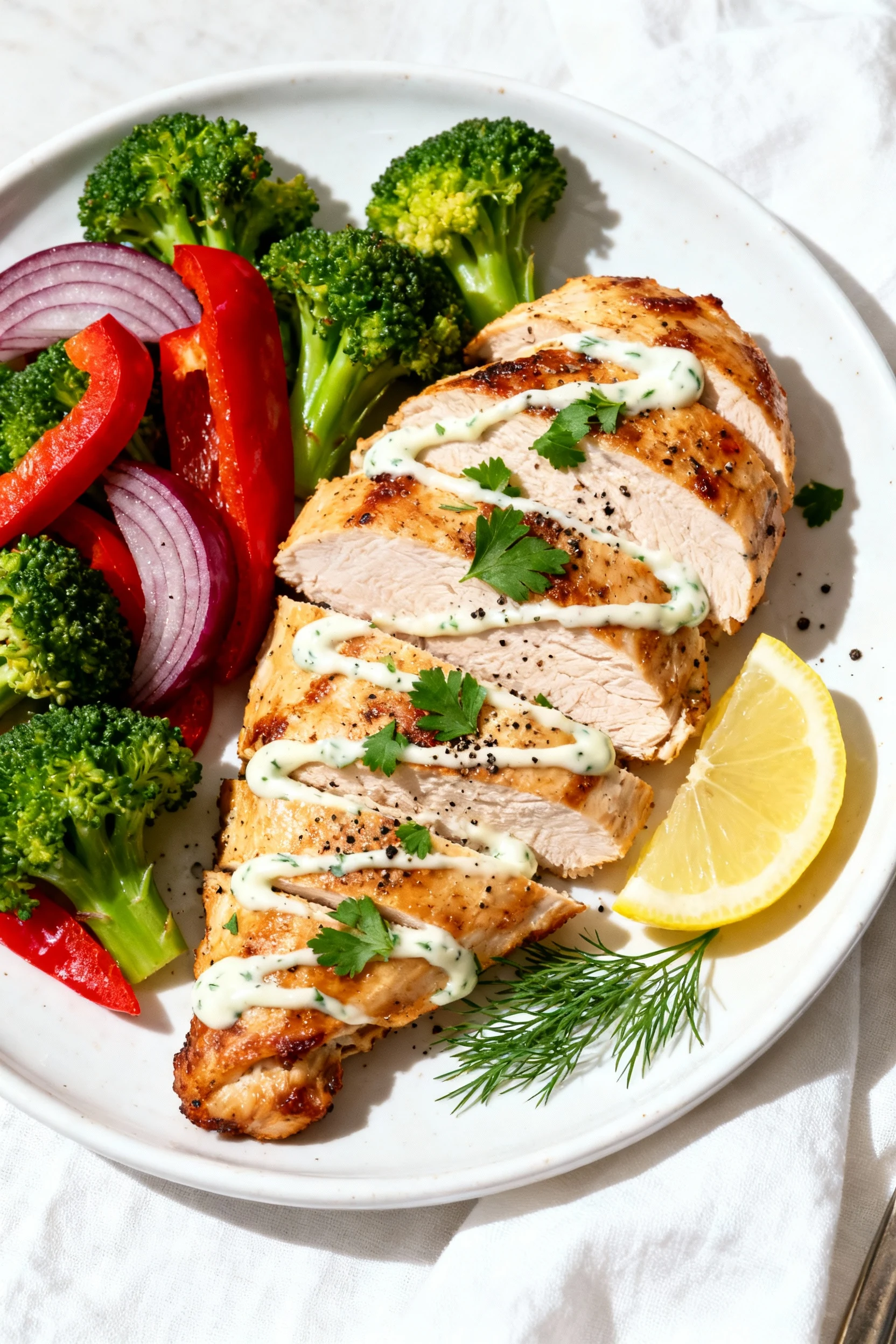 Beautifully plated roasted chicken with broccoli, red pepper, and red onion on a white ceramic plate; chicken sliced aga