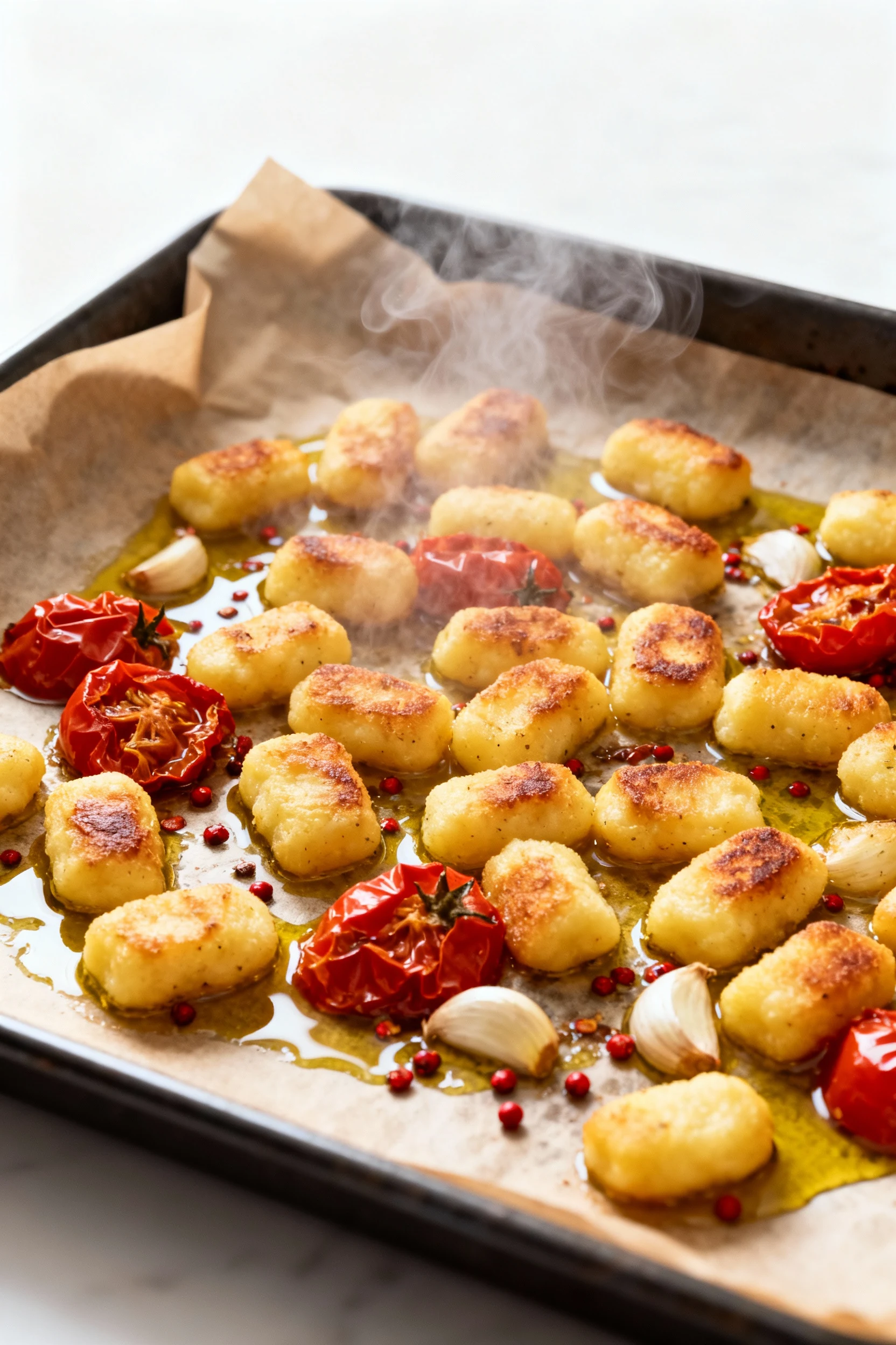 Process shot after first roast: gnocchi crisped on multiple sides and tomatoes collapsed, garlic and red pepper flakes s