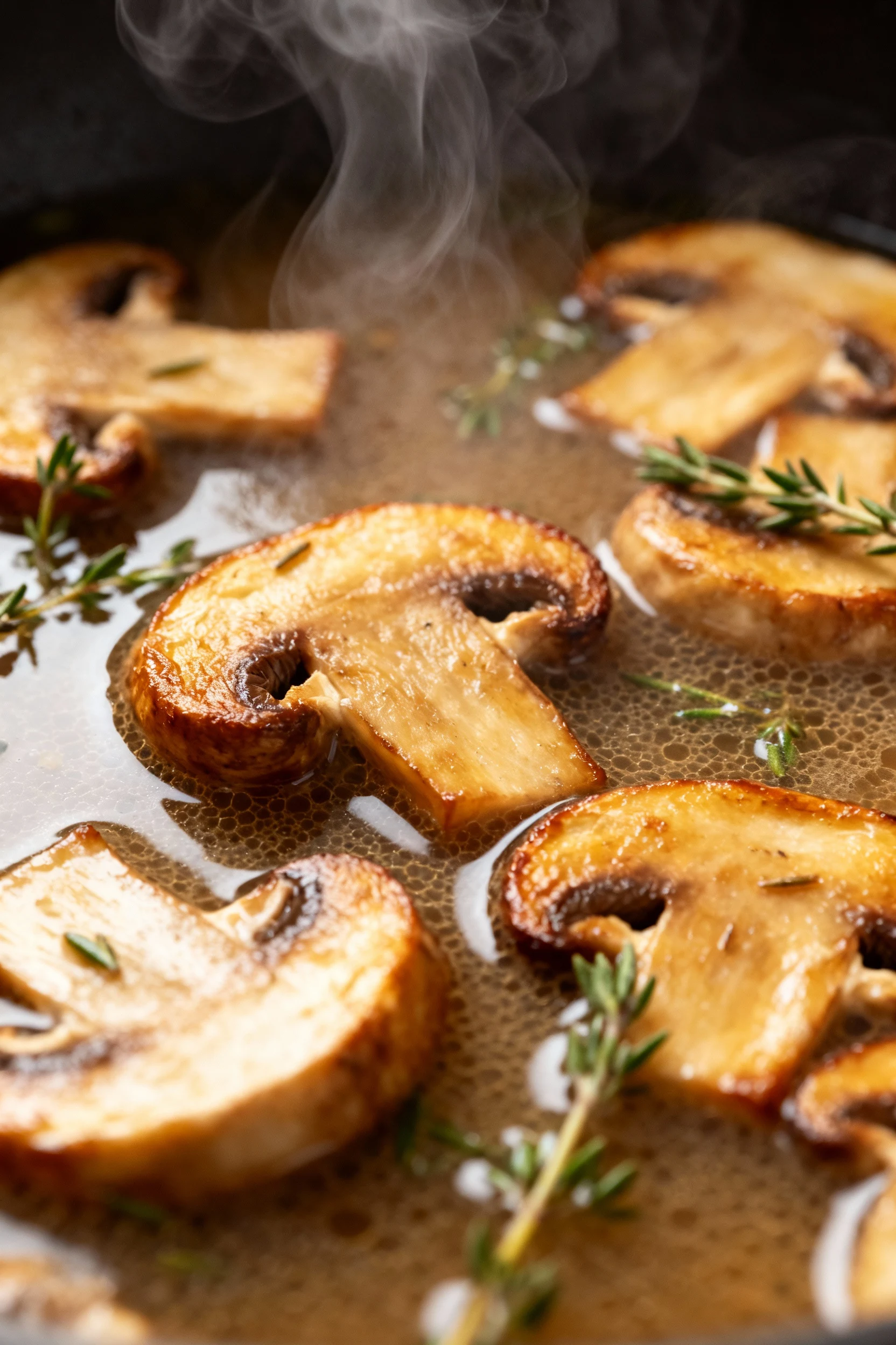 1. Close-up of golden-browned mushroom slices simmering in broth, steam rising, flecks of fresh thyme visible, shallow d