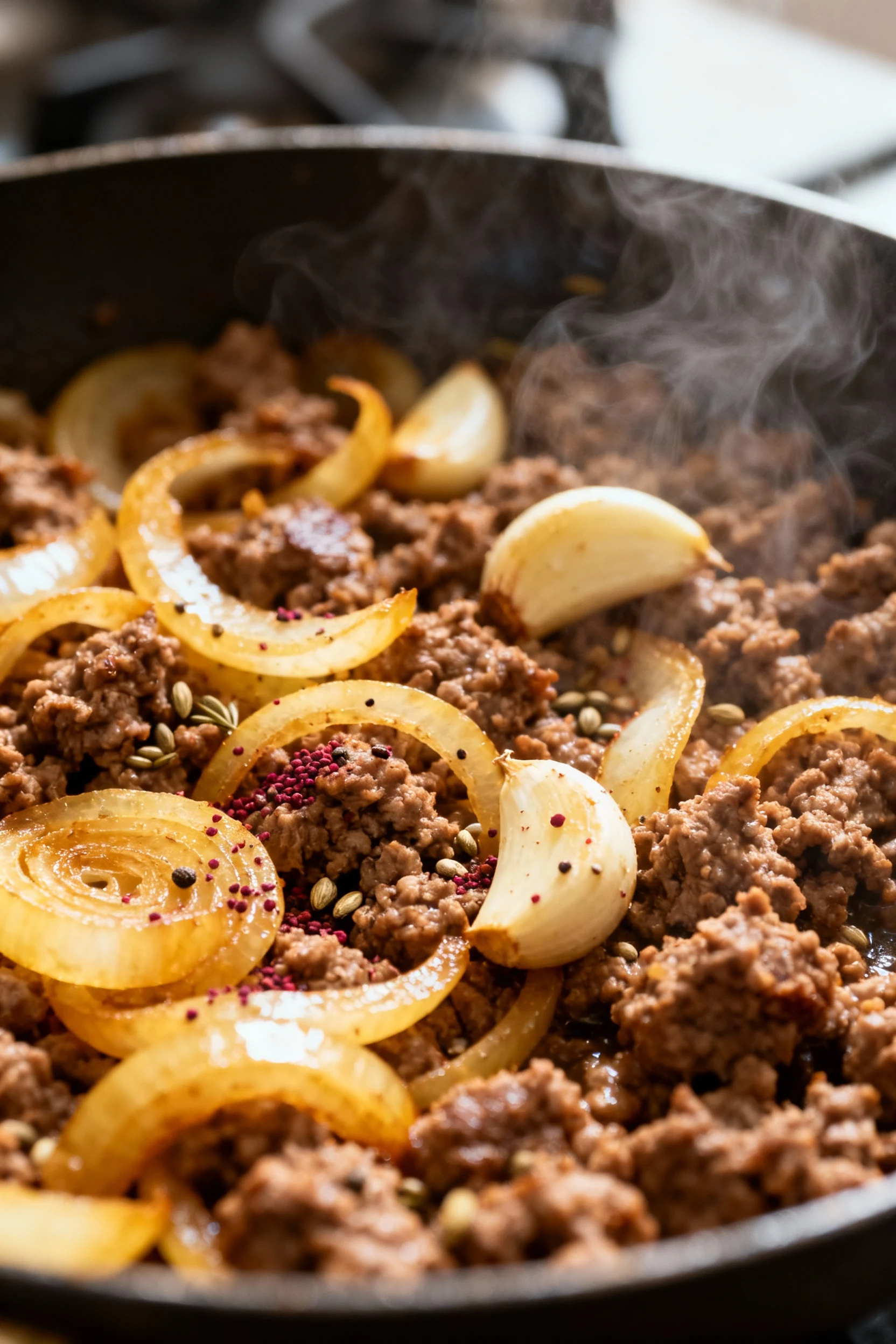 Close-up of golden sautéed onions and garlic mingling with browned ground lamb in a skillet, flecks of sumac and allspic