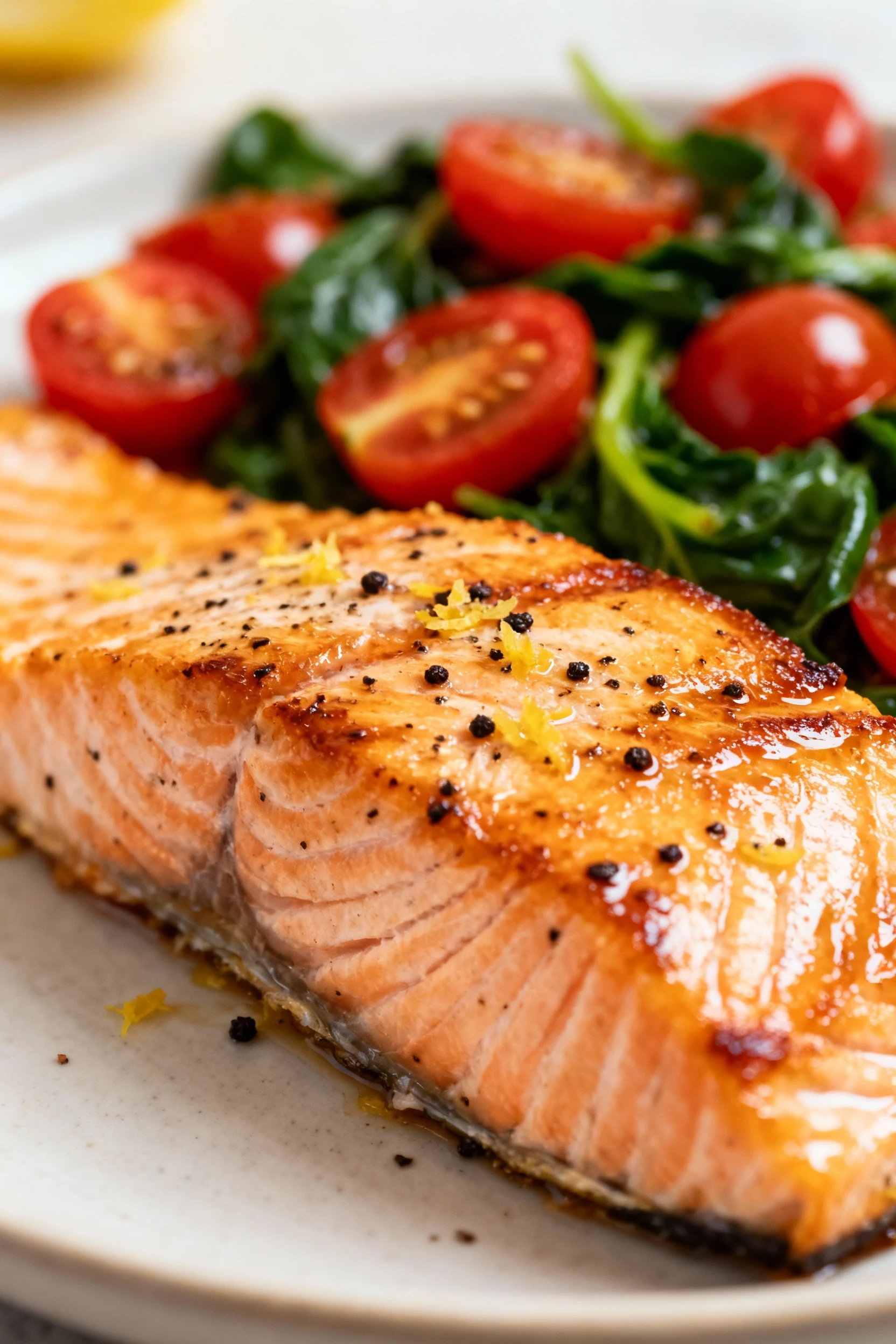 Close-up of golden-seared salmon fillet with crispy skin glistening in natural light, flecks of cracked black pepper and