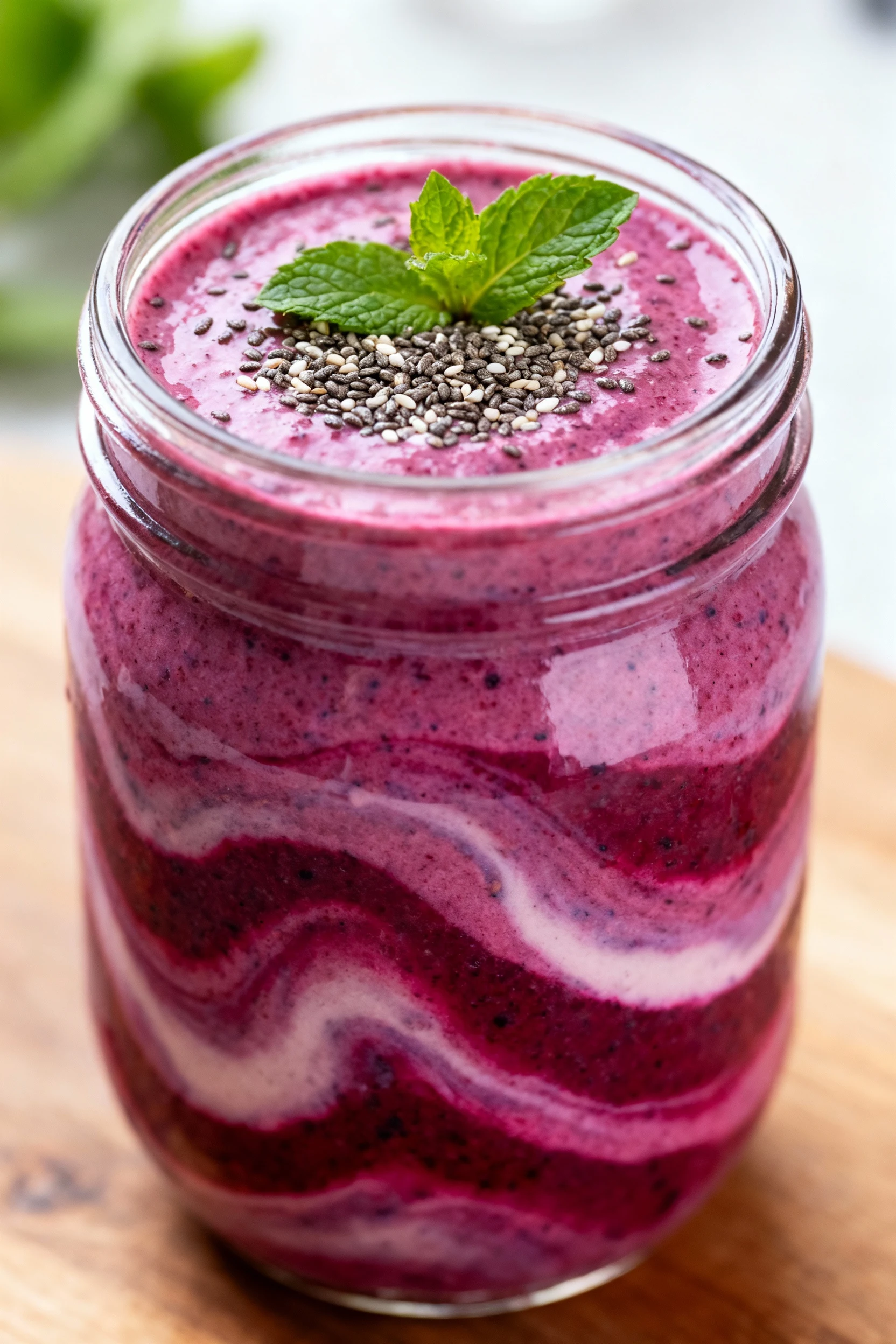 Close-up of a vibrant mixed-berry smoothie in a clear glass jar, deep magenta and purple swirls with a silky texture, to