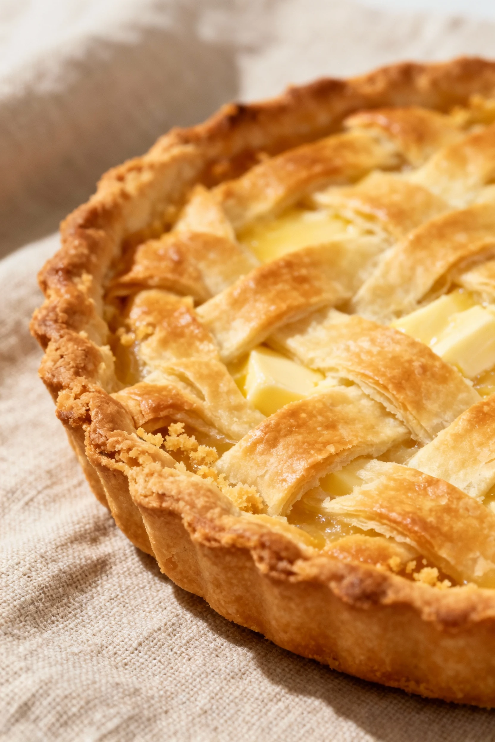 Close-up of a golden, flaky tart crust fresh out of the oven, with visible buttery layers and delicate crumb texture, sh
