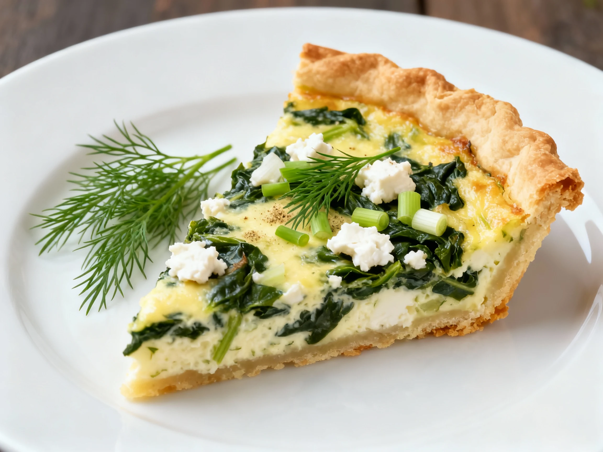 Food photography, Beautifully plated wedge of Florentine quiche on a white plate: creamy yet firm custard, flaky crust, 