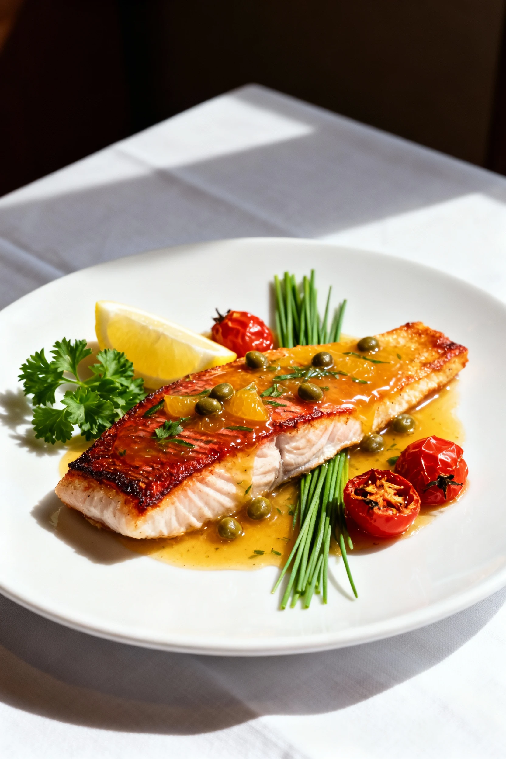 Overhead plated seared red snapper with glossy citrus–herb pan sauce and capers, garnished with parsley, chives, lemon w