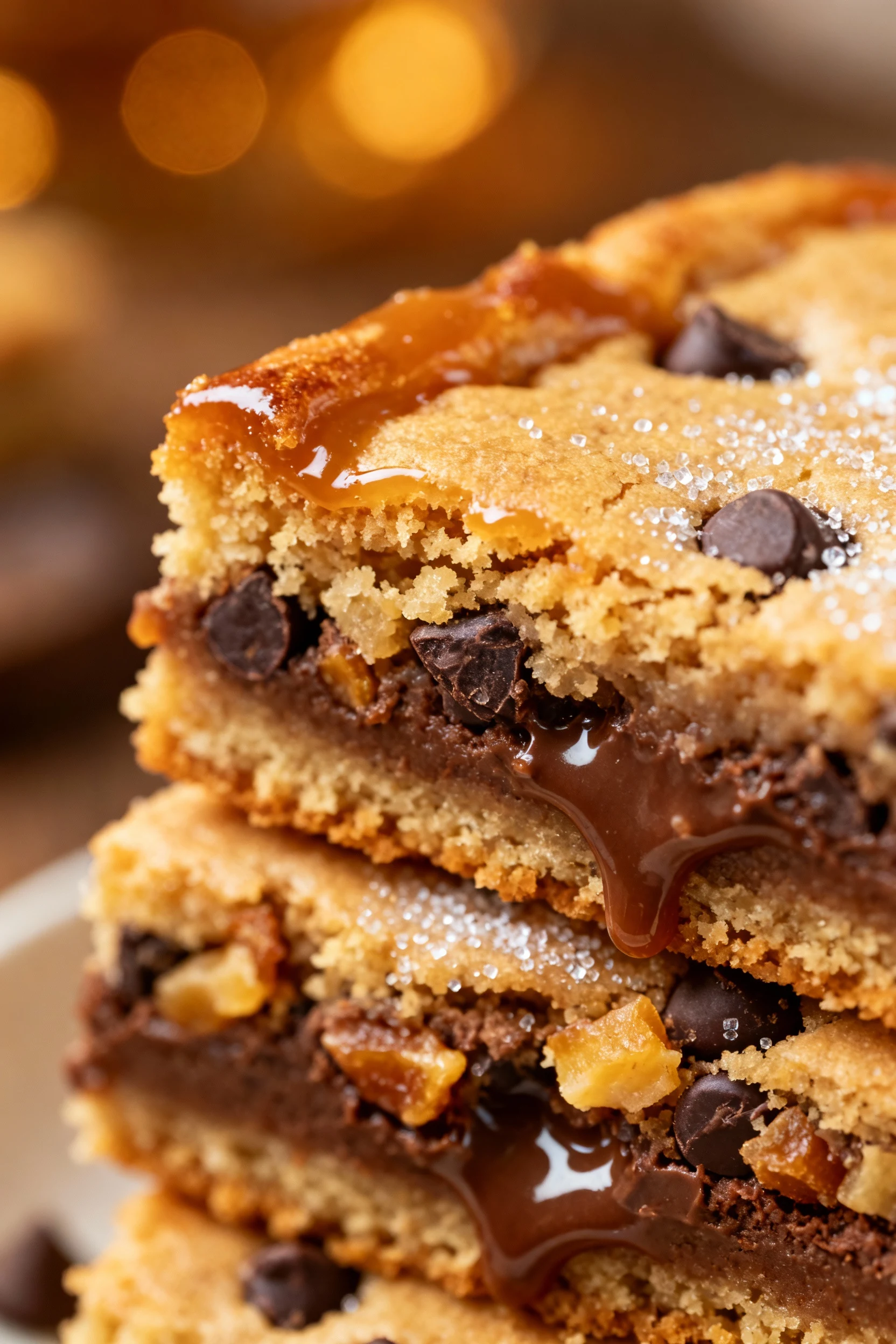 Close-up detail of a sliced brown-butter blondie bar with chocolate chips and toffee bits: crisp caramelized edge, fudgy