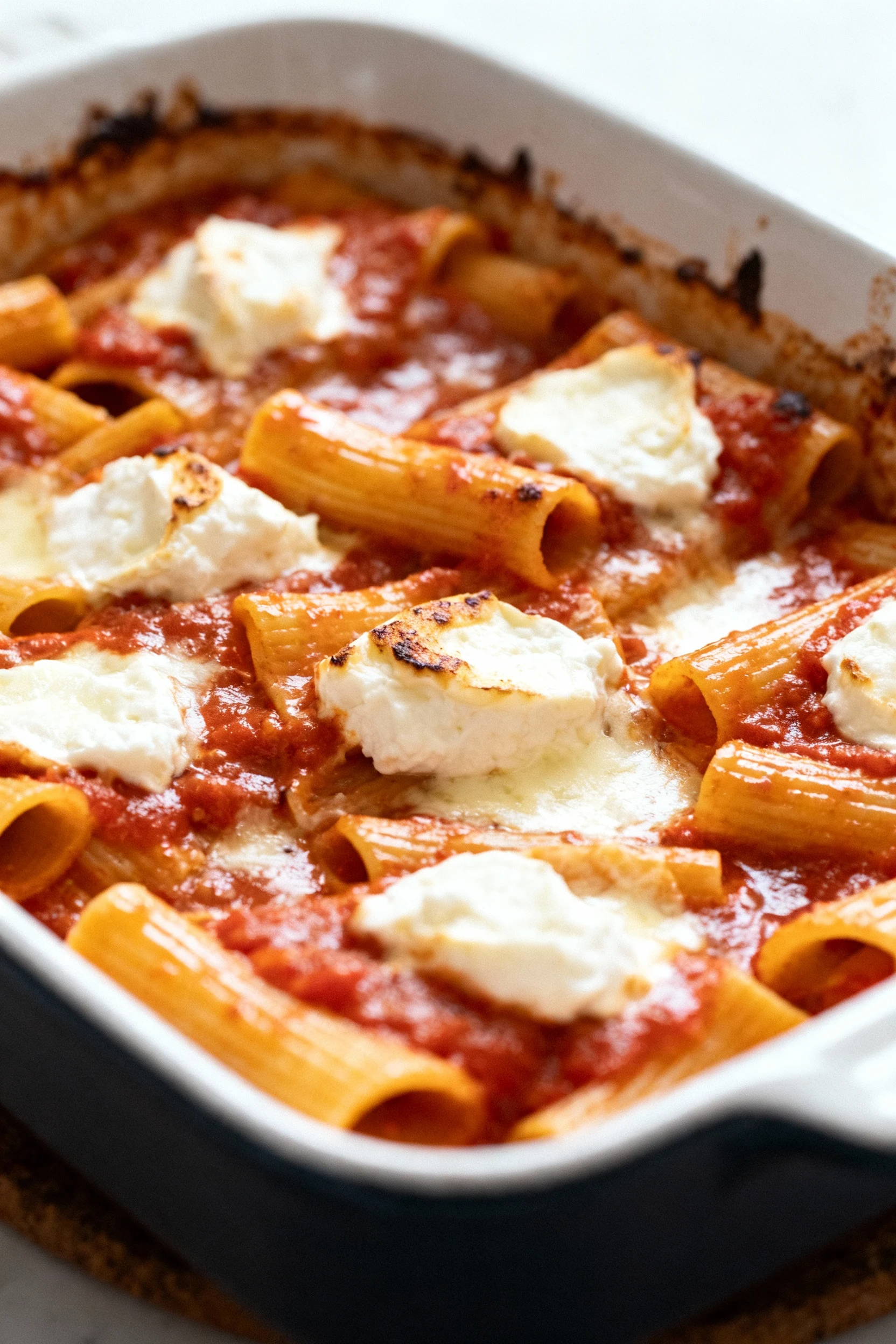 Cooking process, 3/4 angle: baking dish just uncovered after the initial steam bake, pasta glossy with marinara, melted 