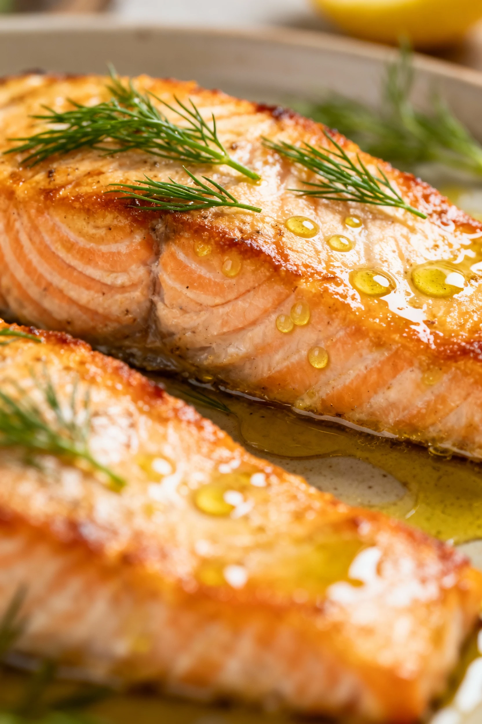 Close-up of baked salmon fillet just out of the oven, golden edges and tender, flaky texture glistening with olive oil,