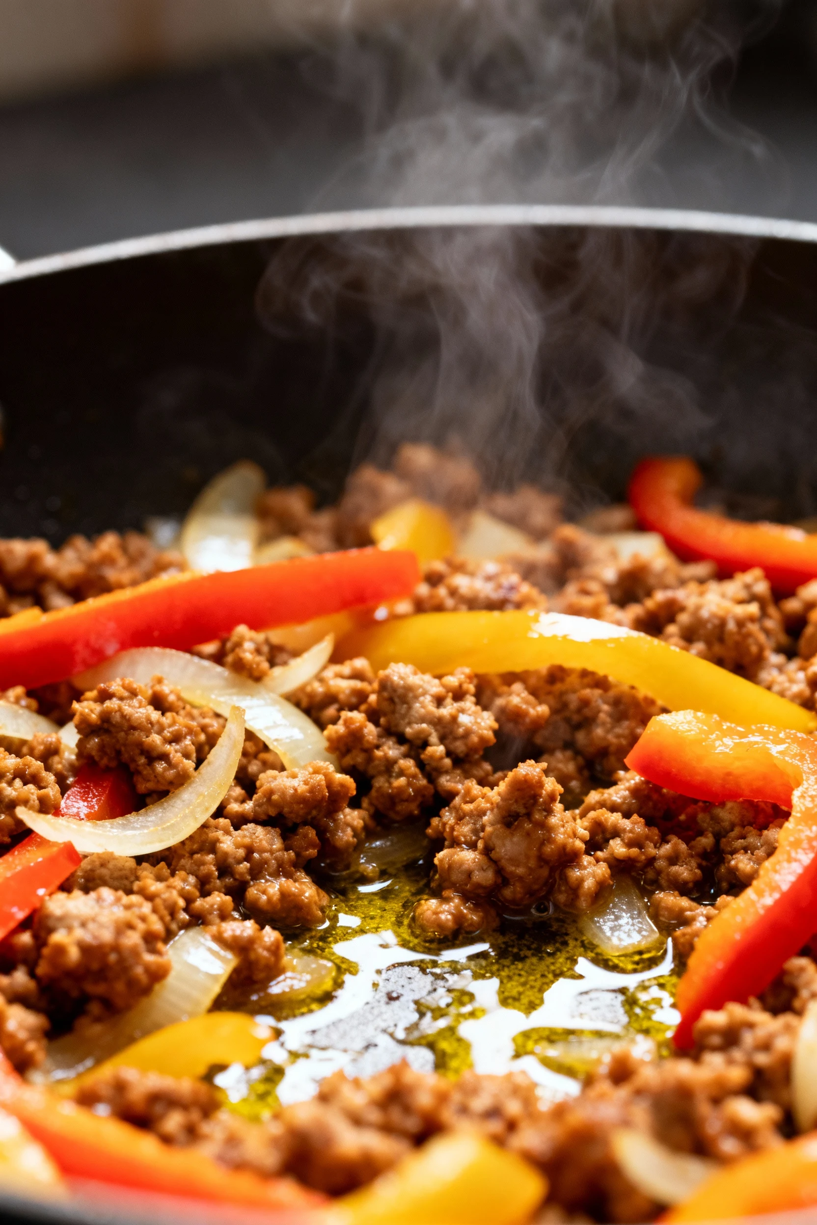Close-up of golden-browned ground sausage crumbles mingled with sautéed onions and vibrant bell pepper strips in a skill