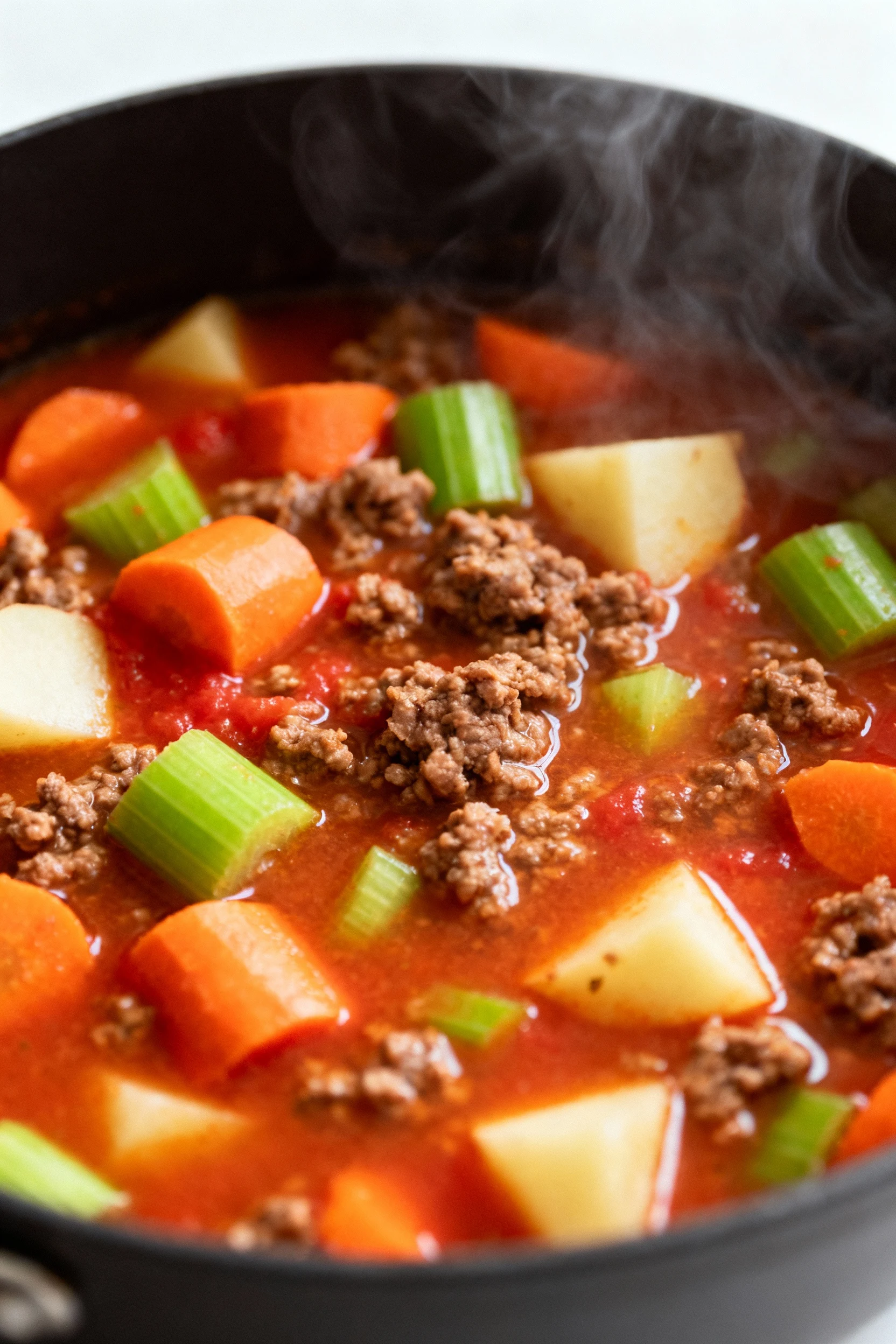 Close-up of tender ground beef simmering with carrots, celery, and potato cubes in rich tomato-beef broth, steam rising,