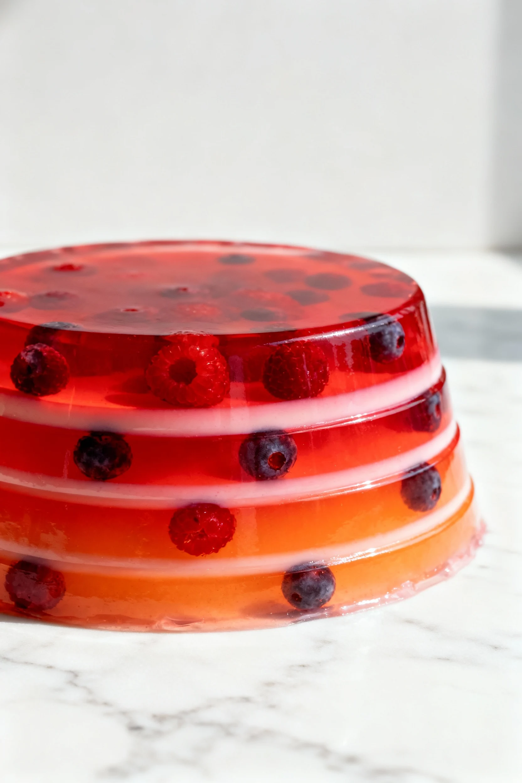 Close-up of a chilled, layered jello dessert in vibrant red and orange ombré, each layer perfectly defined, with tiny su