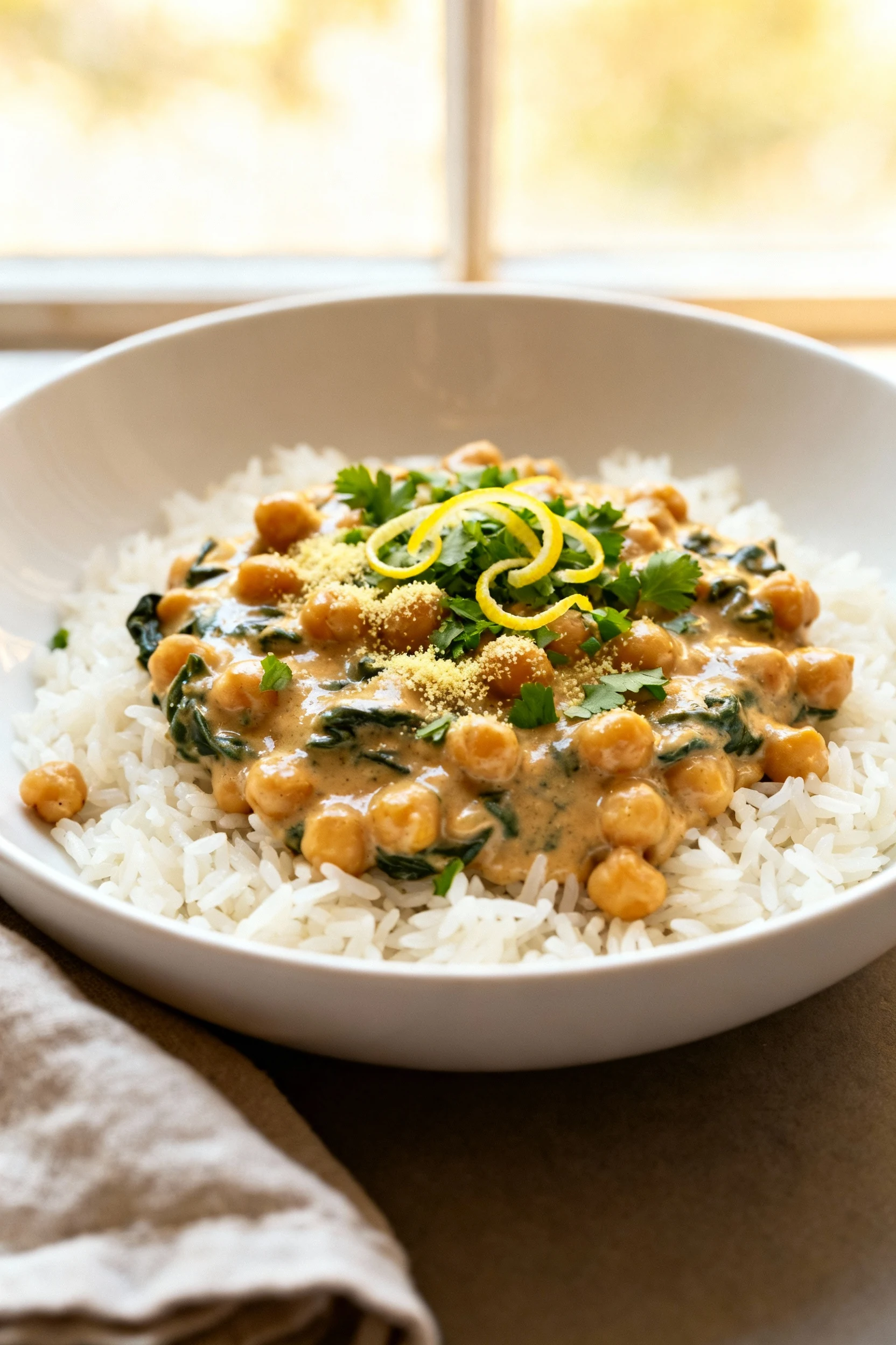 Final dish presentation: creamy chickpea spinach skillet spooned over fluffy basmati rice in a wide white bowl, sauce gl