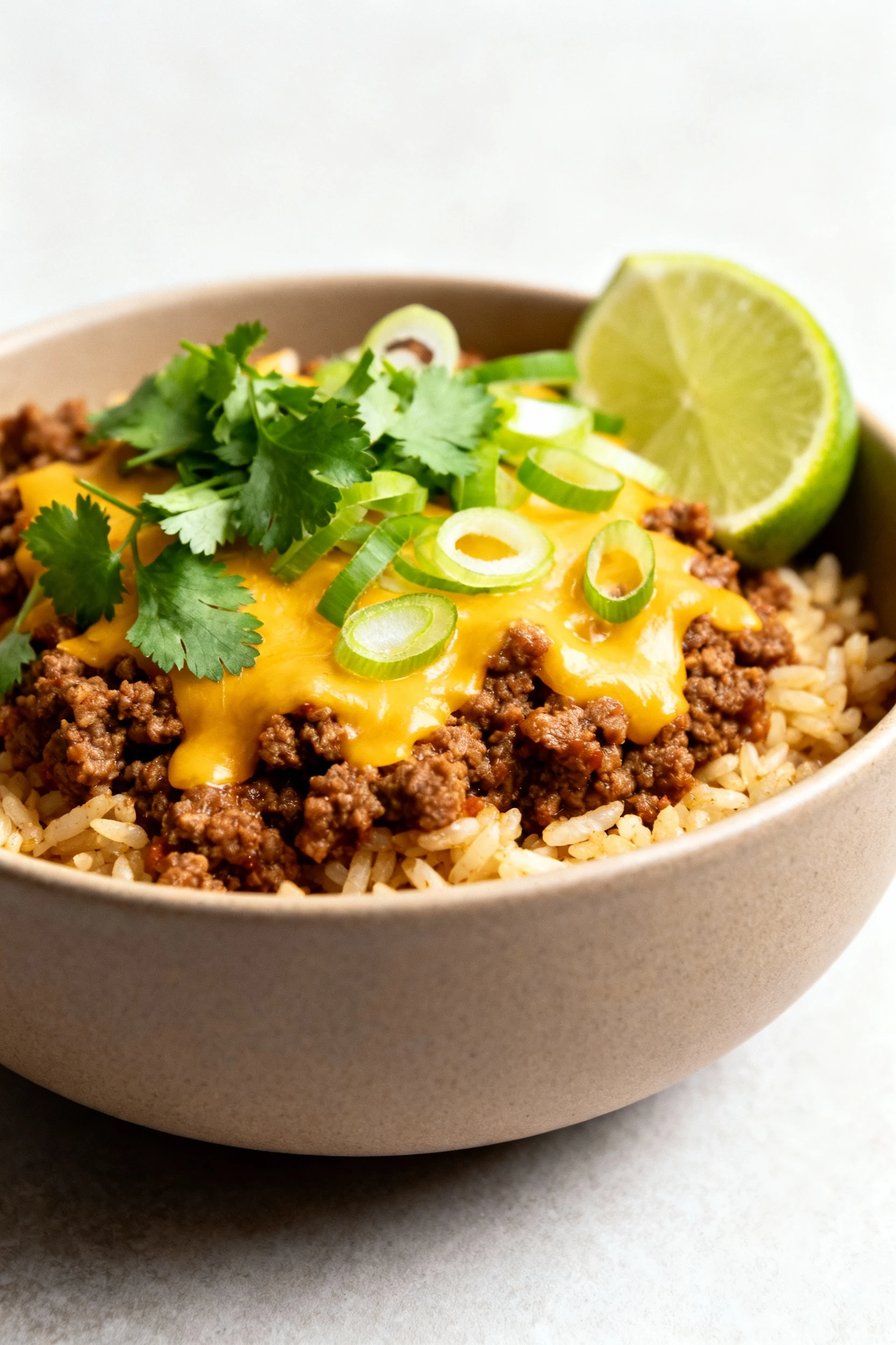 Beautifully plated ground beef and rice in a matte ceramic bowl, topped with melted cheddar, chopped cilantro and parsle