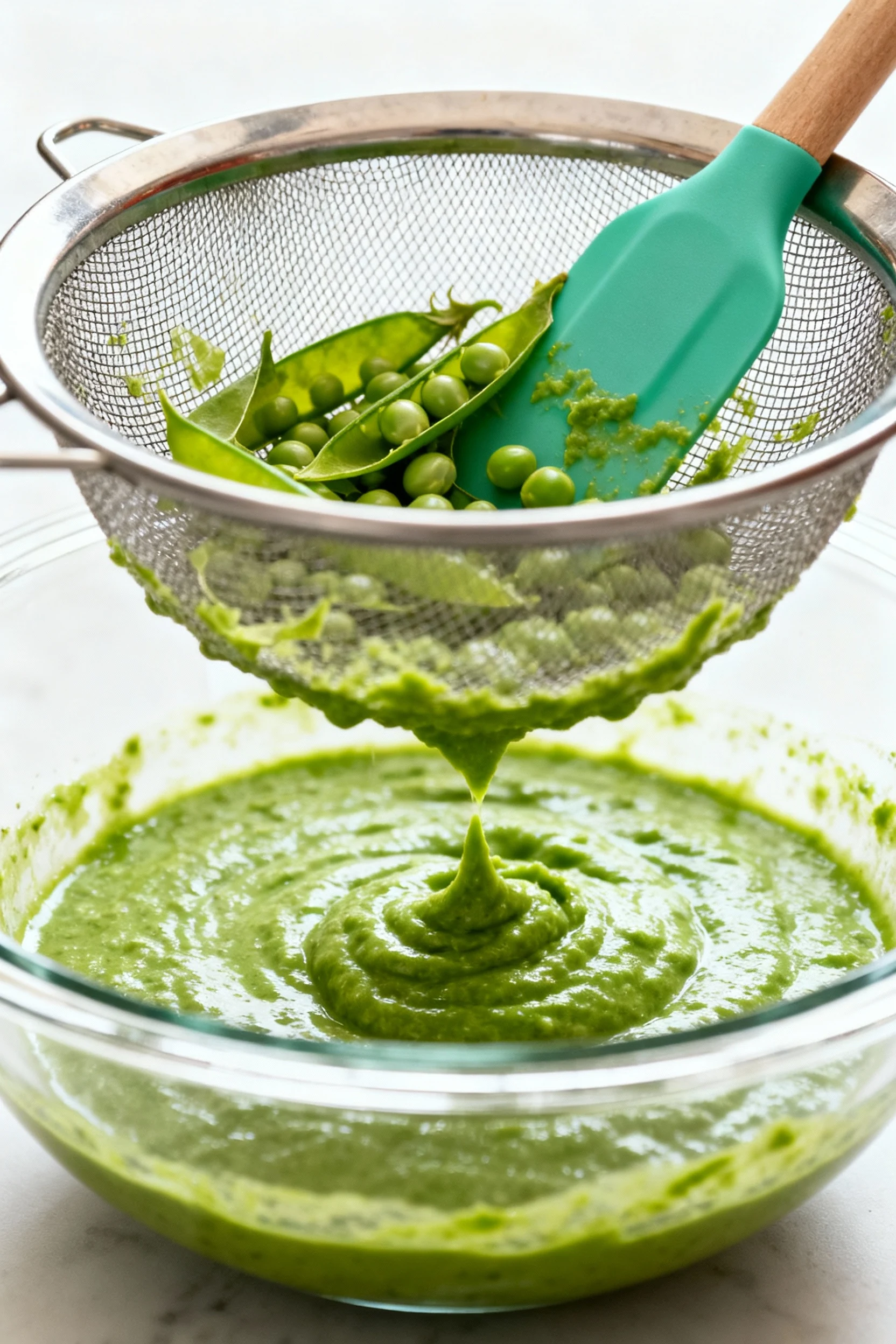 Pea puree being prepared: vivid green puree pressed through a fine-mesh sieve into a clear glass bowl, silicone spatula 