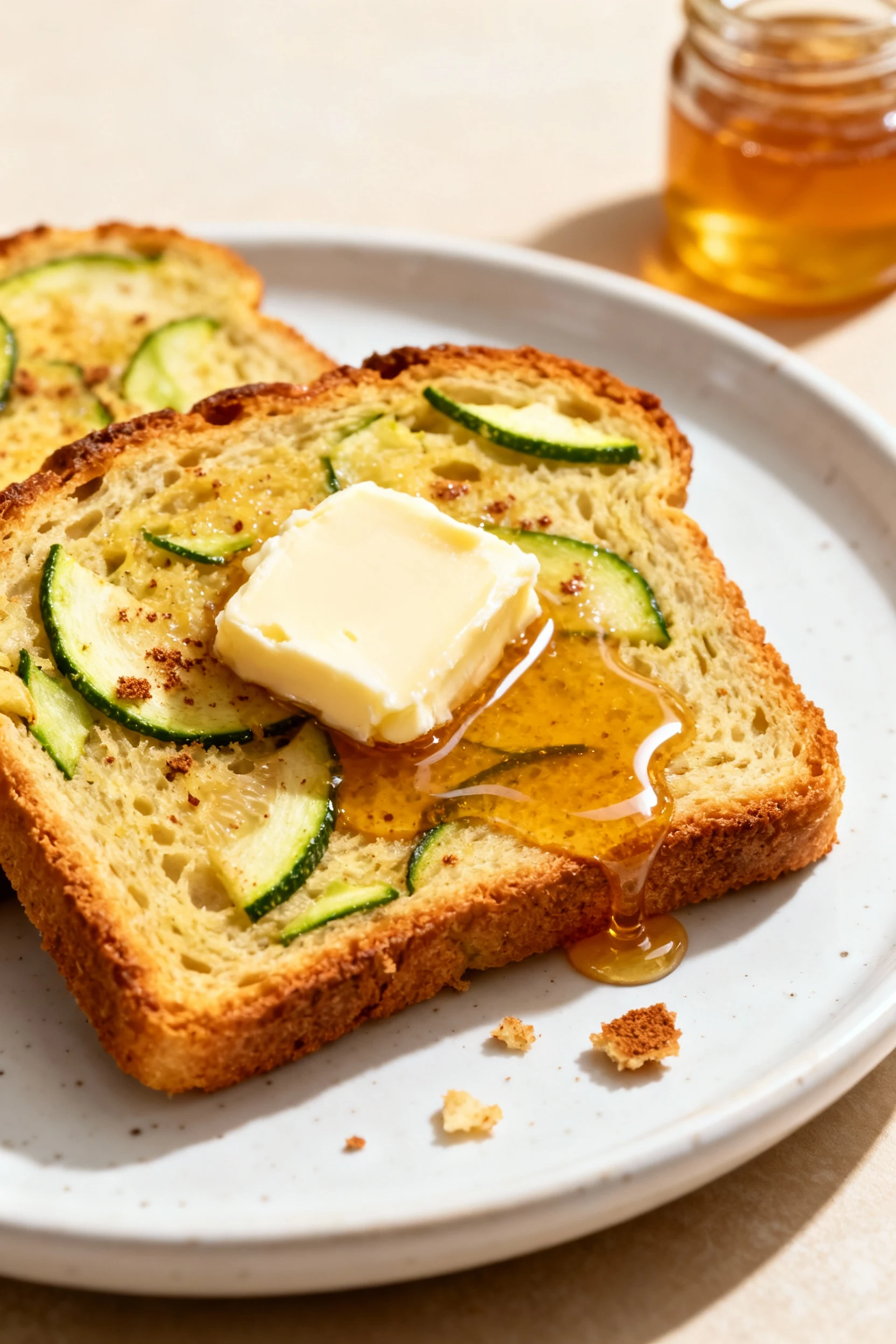 Final presentation: warm toasted zucchini bread slices on a white ceramic plate with a light butter smear and a glossy d