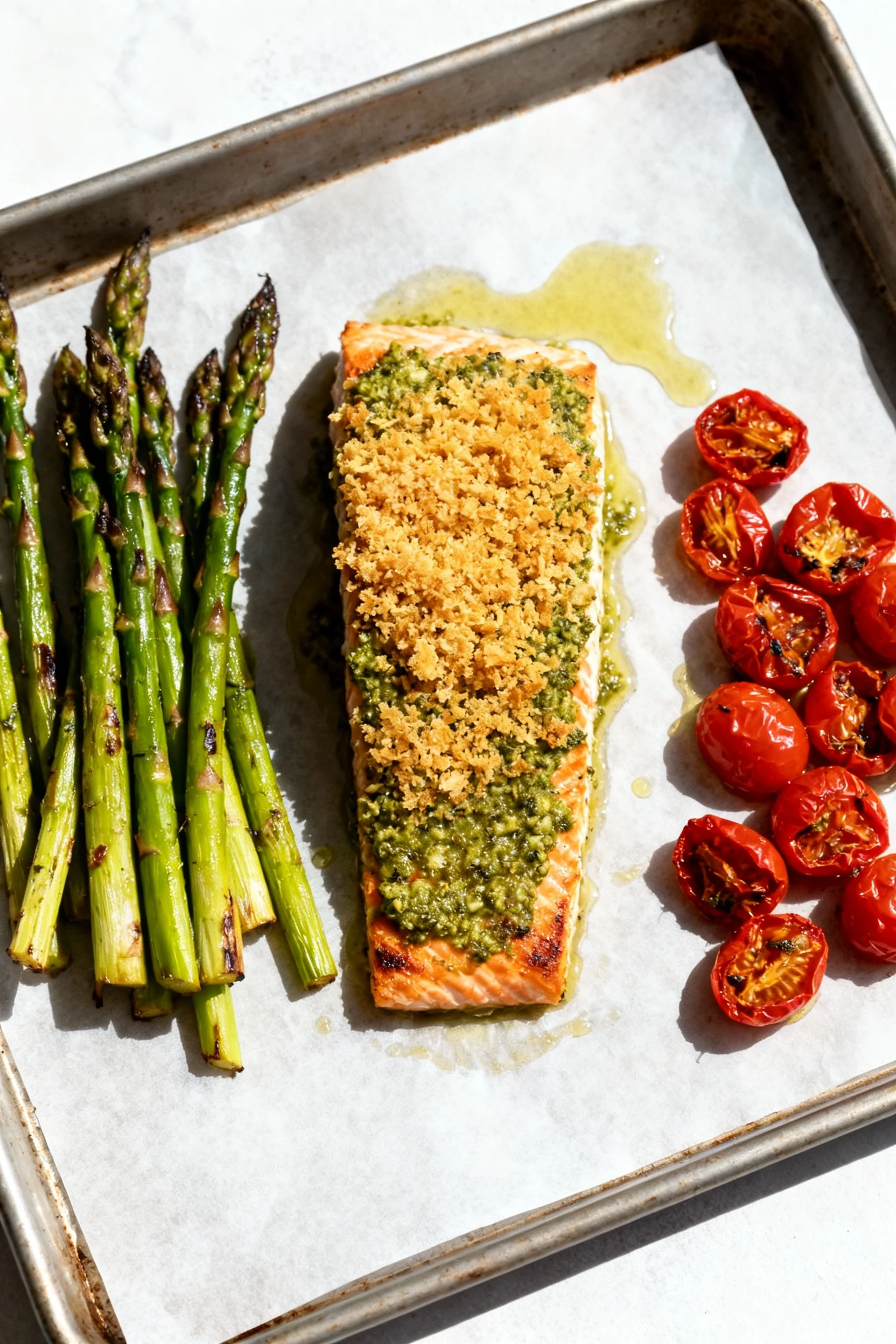 Overhead shot: pesto-crusted salmon with golden panko top on parchment-lined sheet pan, roasted asparagus and burst cher